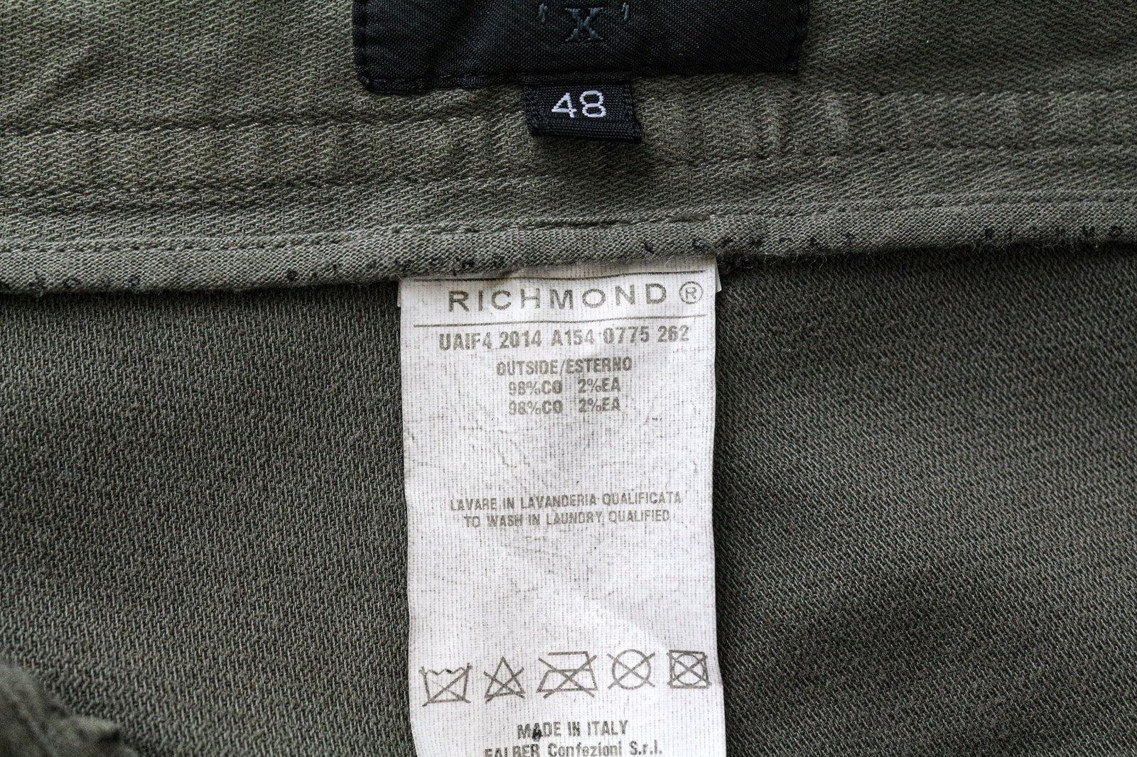 RICHMOND Men's Trousers 48 Khaki Green Cotton Stretch Casual Flat-Front Style