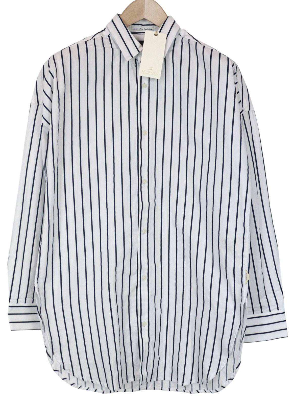 SCOTCH & SODA Men's Shirt M White Pinstriped Cotton Asymmetrical Long Fit