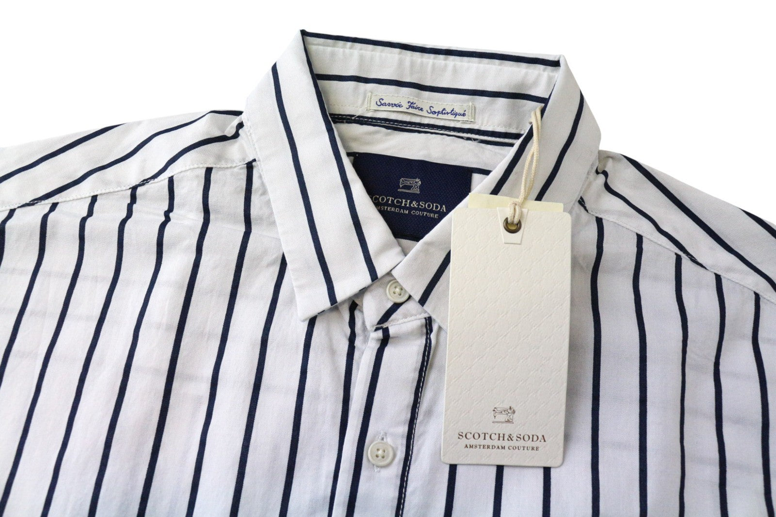 SCOTCH & SODA Men's Shirt M White Pinstriped Cotton Asymmetrical Long Fit