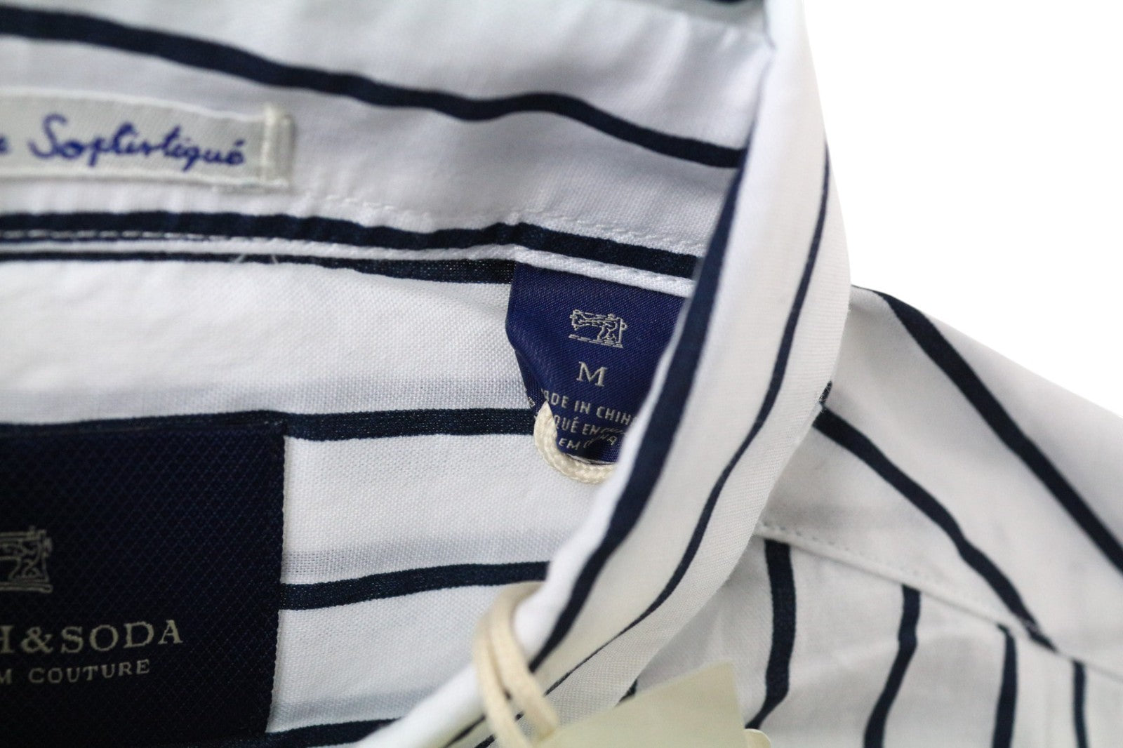 SCOTCH & SODA Men's Shirt M White Pinstriped Cotton Asymmetrical Long Fit