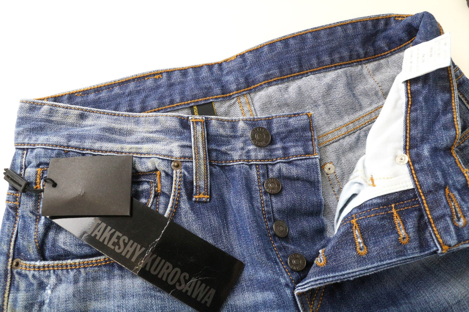 TAKESHY KUROSAWA Men's W30 Slim Blue Cotton Distressed Aged Look Washed Jean