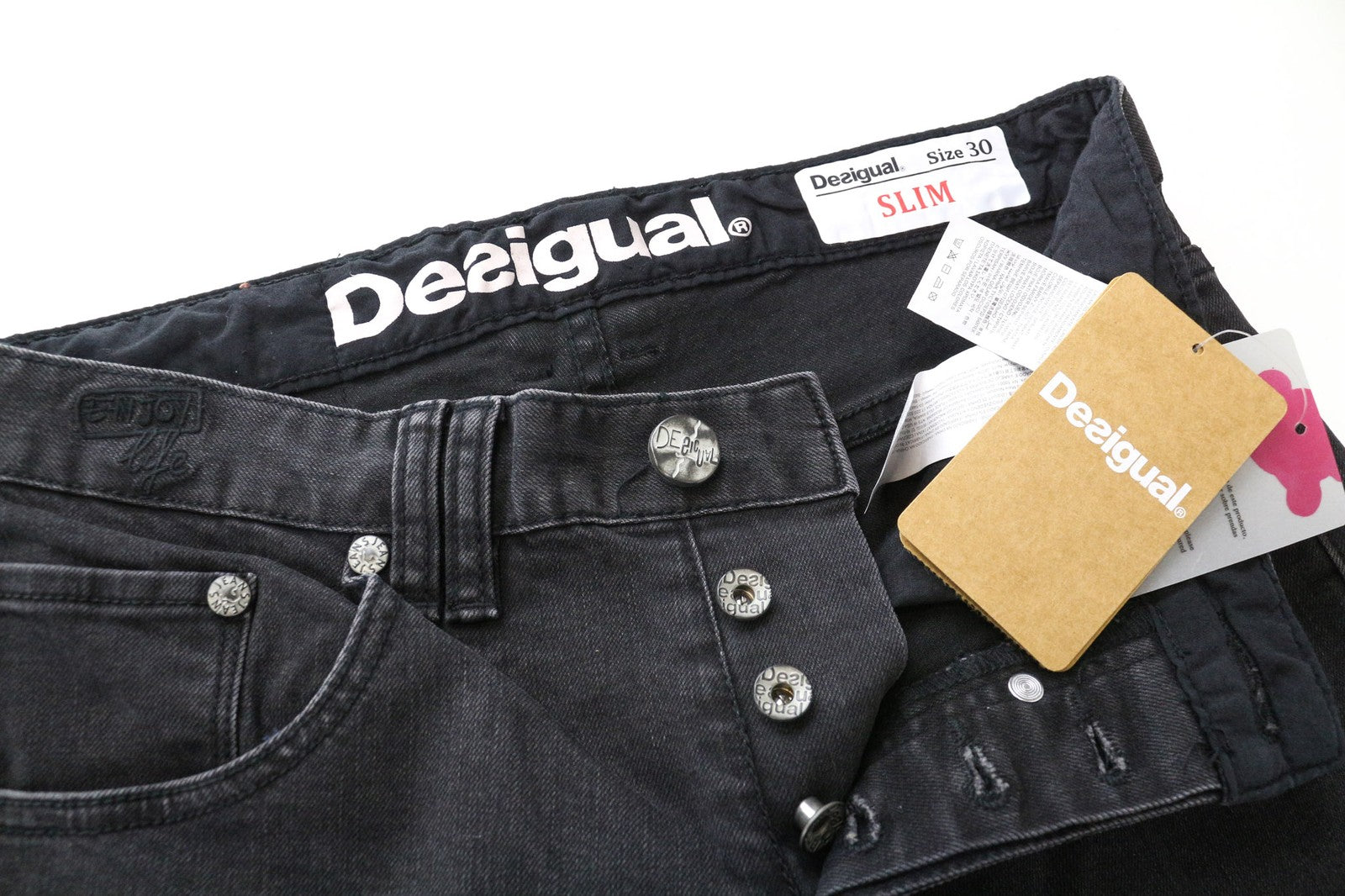 DESIGUAL Jon Men's W30 Slim Black Stretch Cotton Jeans Plain Casual Fit Style