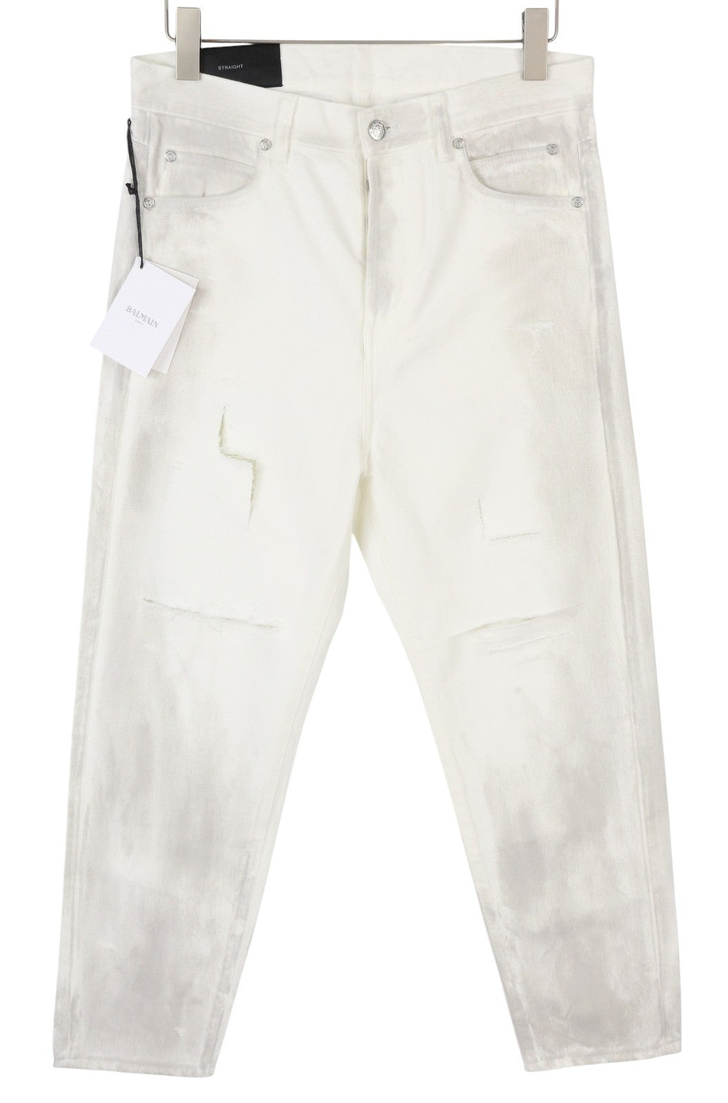 BALMAIN Men Jeans 29 White Distress Straight Fit Destroyed Dirty Look RRP690