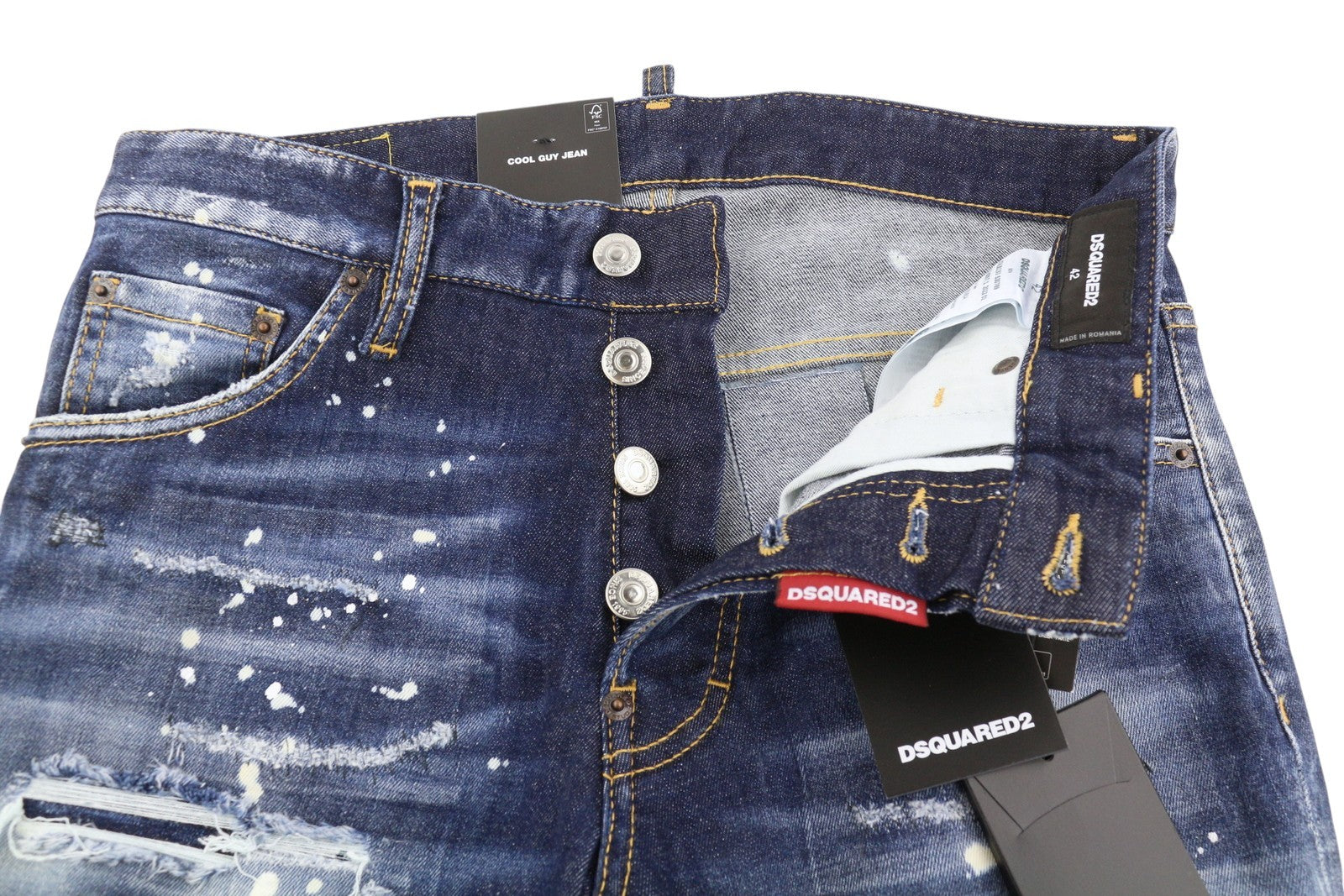 DSQUARED2 Cool Guy Men Jeans 42 Blue Tapered Fit Distress Splatter Effect RRP739