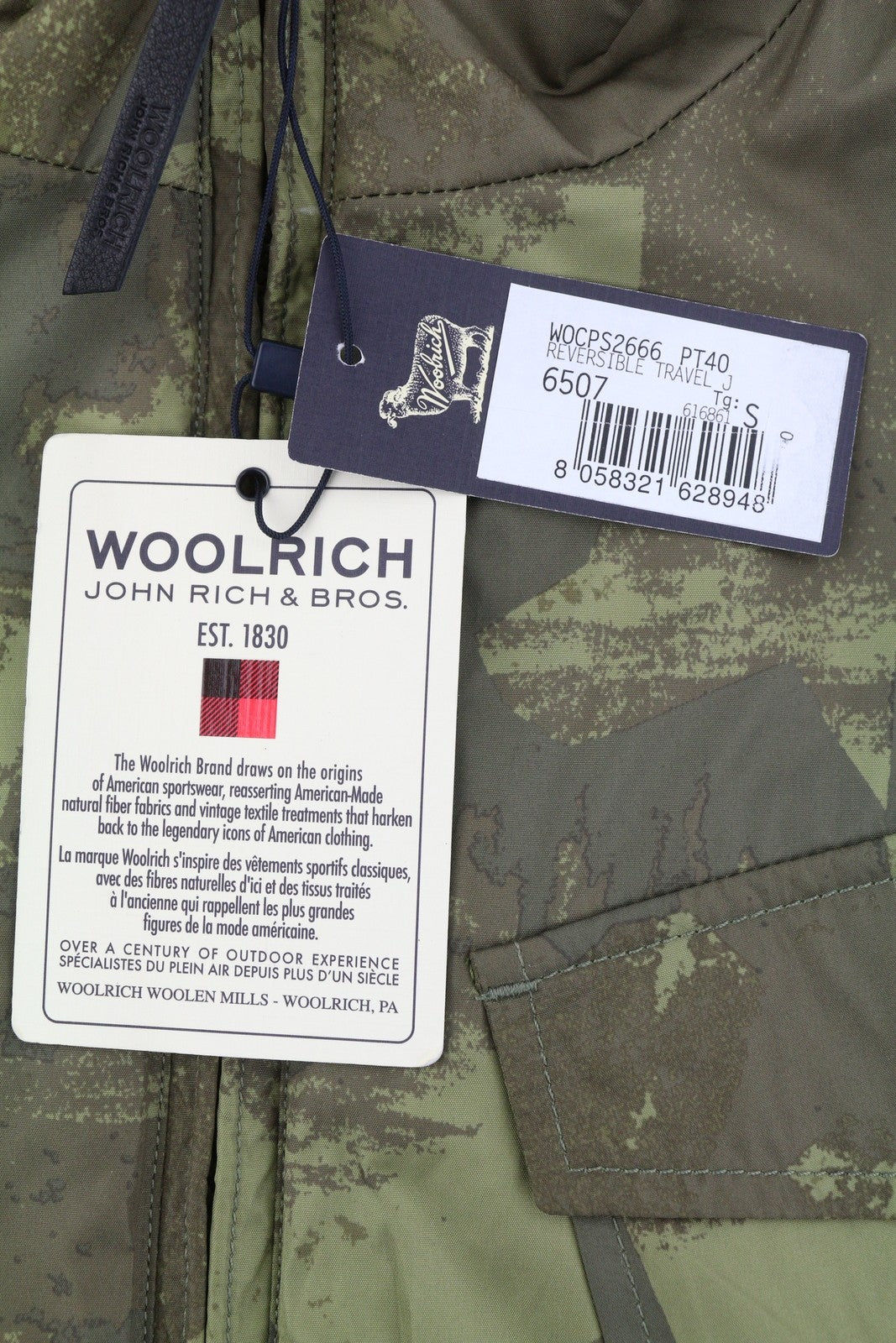 WOOLRICH Reversible Travel Men Jacket S Green Camouflage Zip Lightweight RRP380