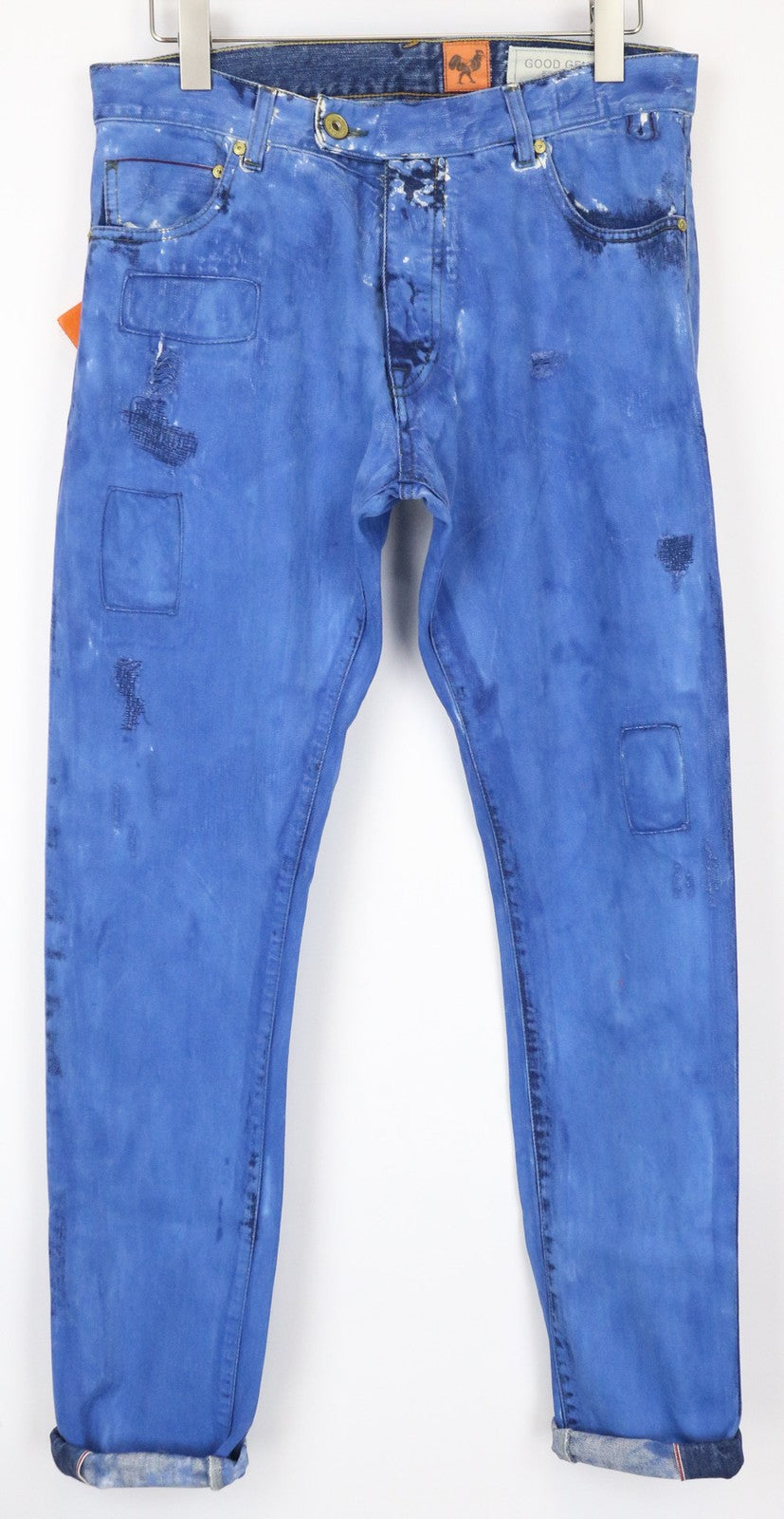 GOOD GENES Men's W32/L34 Selvedge Blue Pure Cotton Slim Patched Jeans Unique