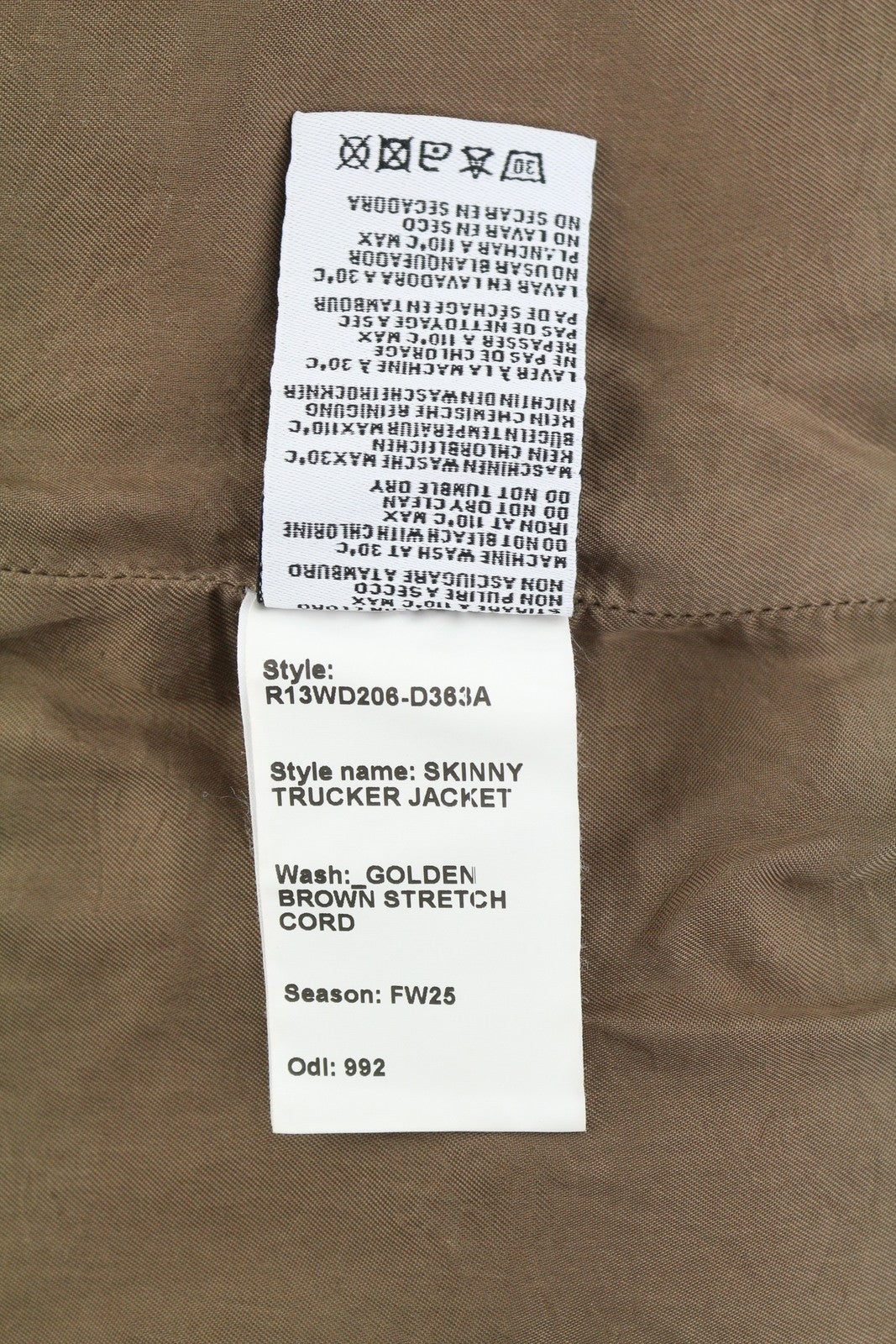 R13 Skinny Trucker Women Jacket M Golden Brown Stretch Cord Button FW25 RRP1199