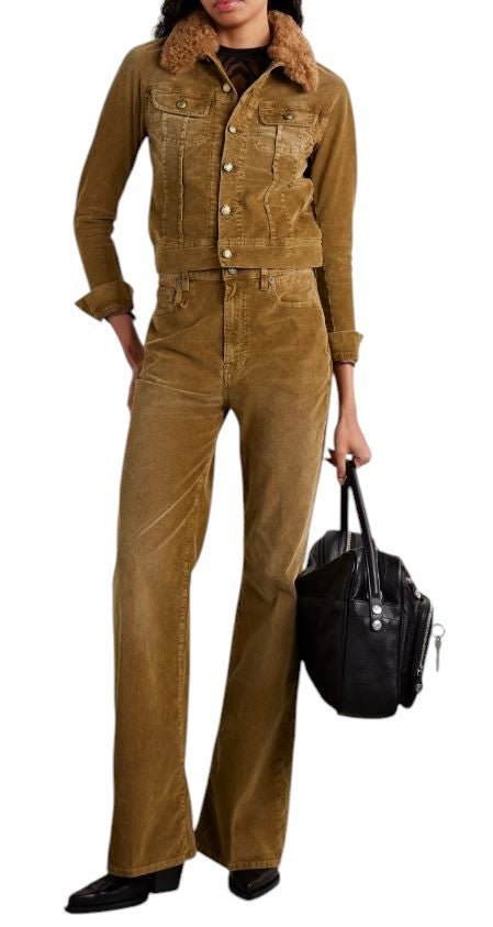 R13 Skinny Trucker Women Jacket M Golden Brown Stretch Cord Button FW25 RRP1199