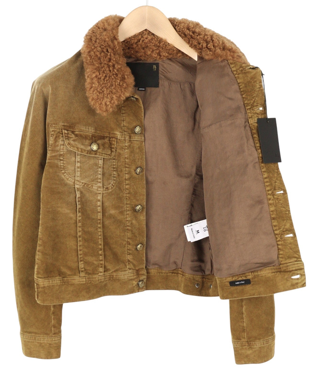 R13 Skinny Trucker Women Jacket M Golden Brown Stretch Cord Button FW25 RRP1199
