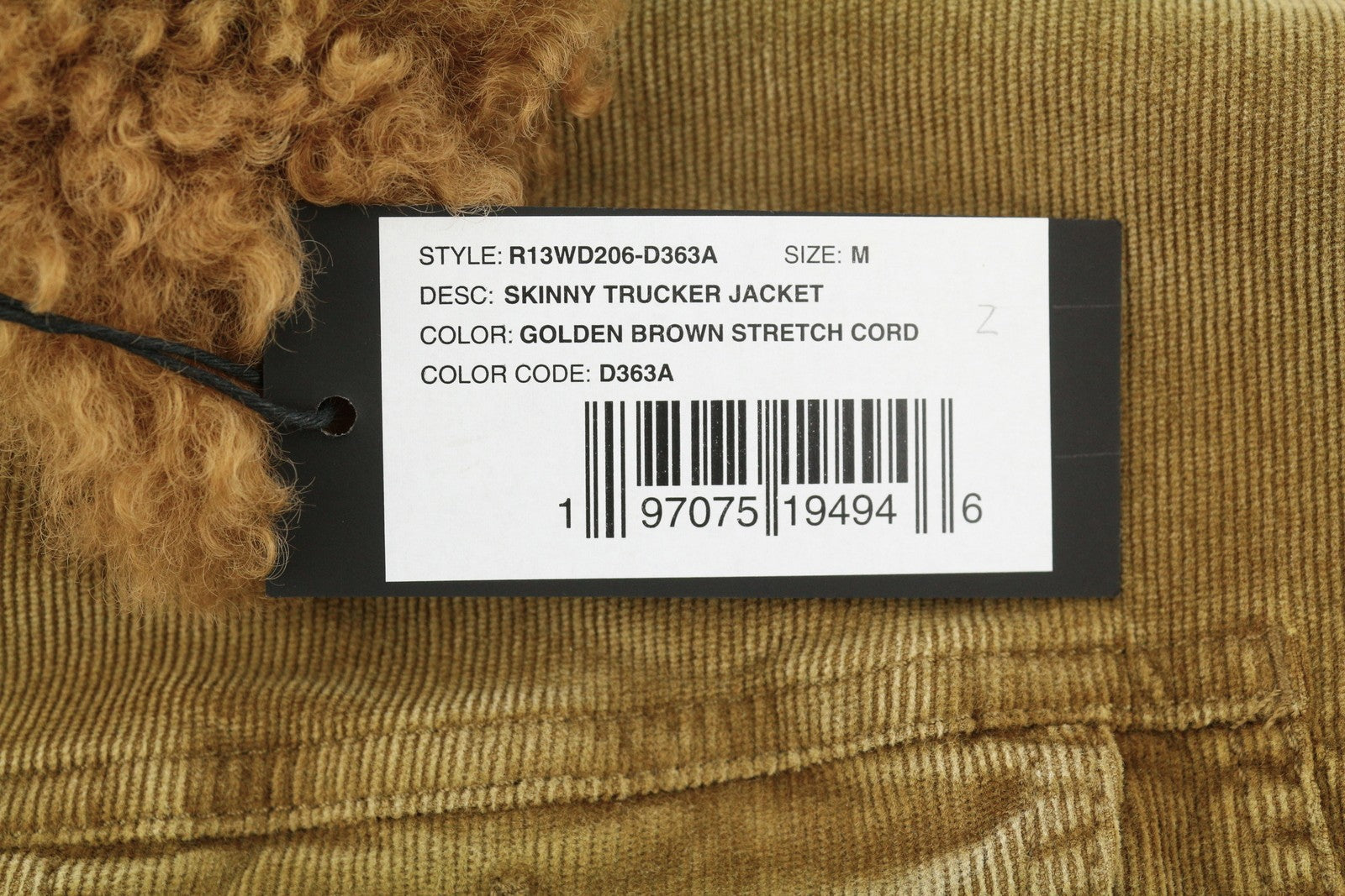 R13 Skinny Trucker Women Jacket M Golden Brown Stretch Cord Button FW25 RRP1199