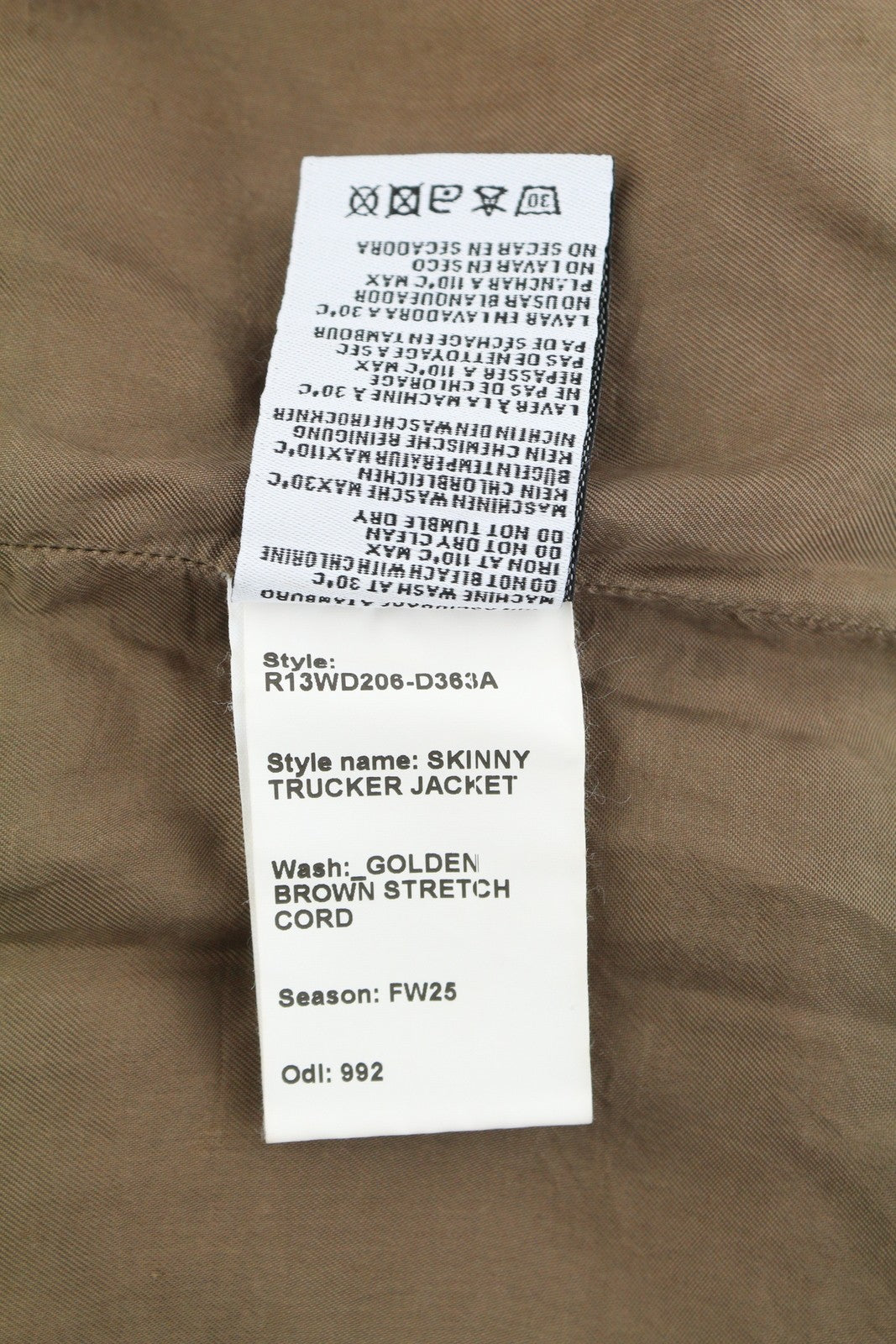 R13 Skinny Trucker Women Jacket S Golden Brown Stretch Cord Button FW25 RRP1199