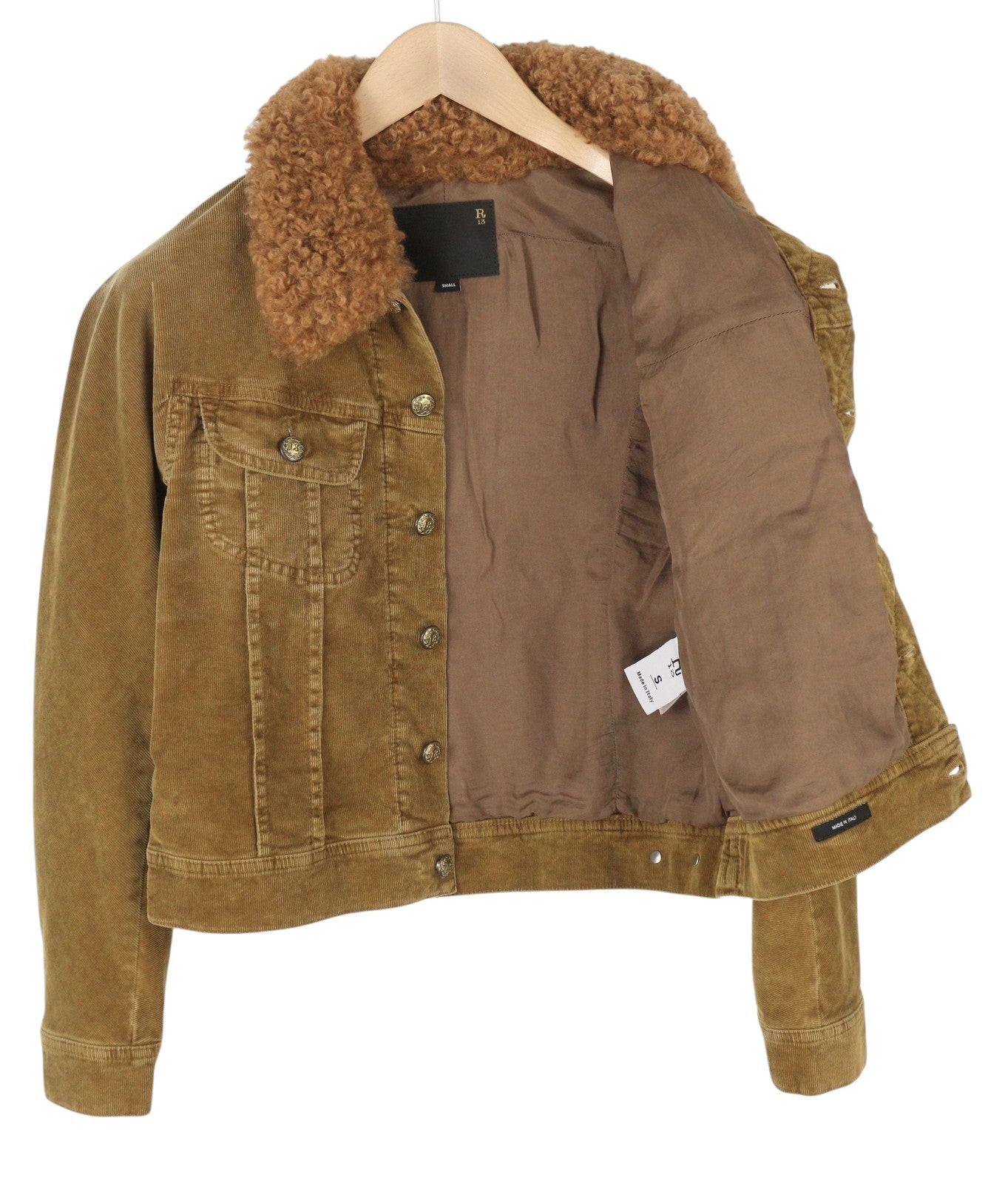 R13 Skinny Trucker Women Jacket S Golden Brown Stretch Cord Button FW25 RRP1199