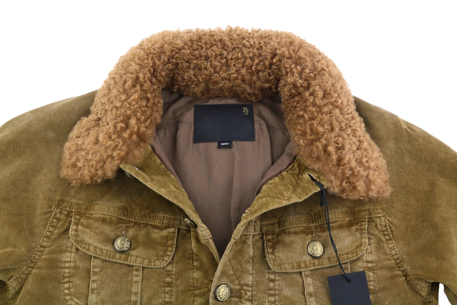 R13 Skinny Trucker Women Jacket S Golden Brown Stretch Cord Button FW25 RRP1199