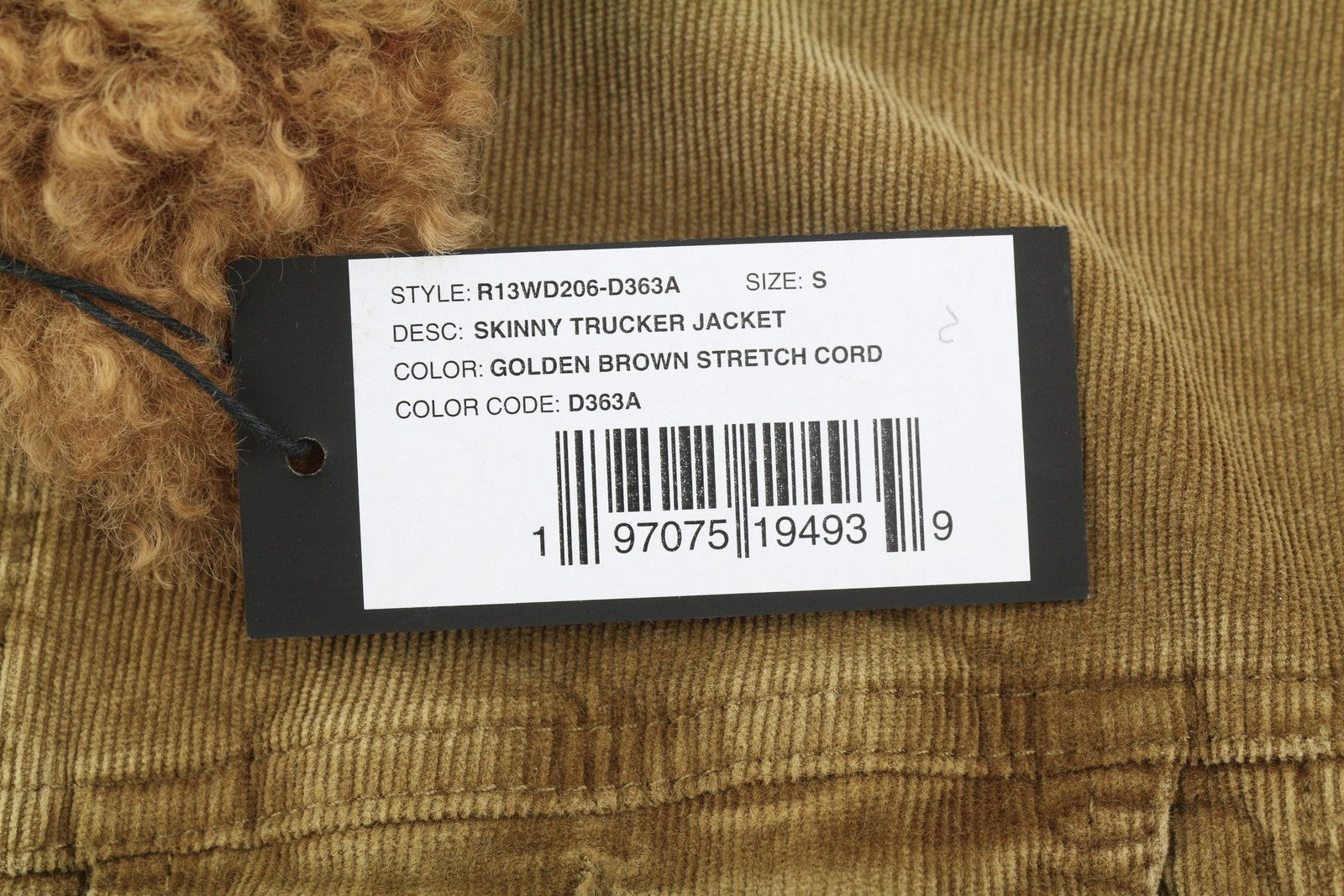 R13 Skinny Trucker Women Jacket S Golden Brown Stretch Cord Button FW25 RRP1199