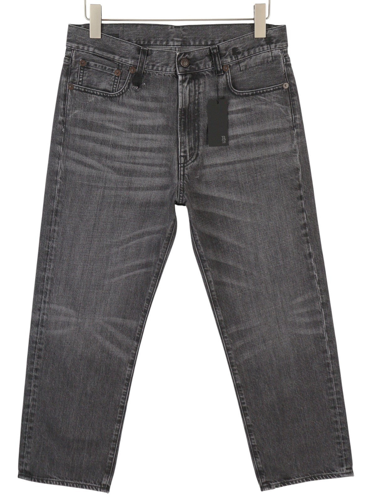 R13 Boyfriend Women Jeans 28 Wilson Black Whiskers Faded Denim Cropped Zip PS25