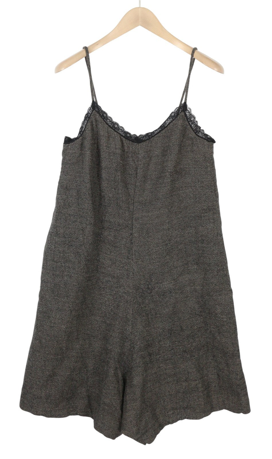 R13 Lace Trimmed Women Romper S Dark Grey Sleeveless Plaid Wool PF25 RRP1075