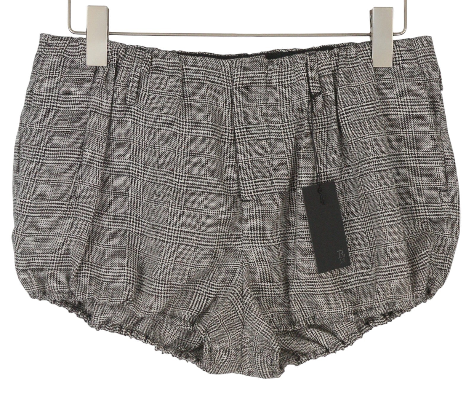 R13 Tailored Bloomers Women Shorts 27 Grey Plaid Linen Elastic Hem SS25 RRP499