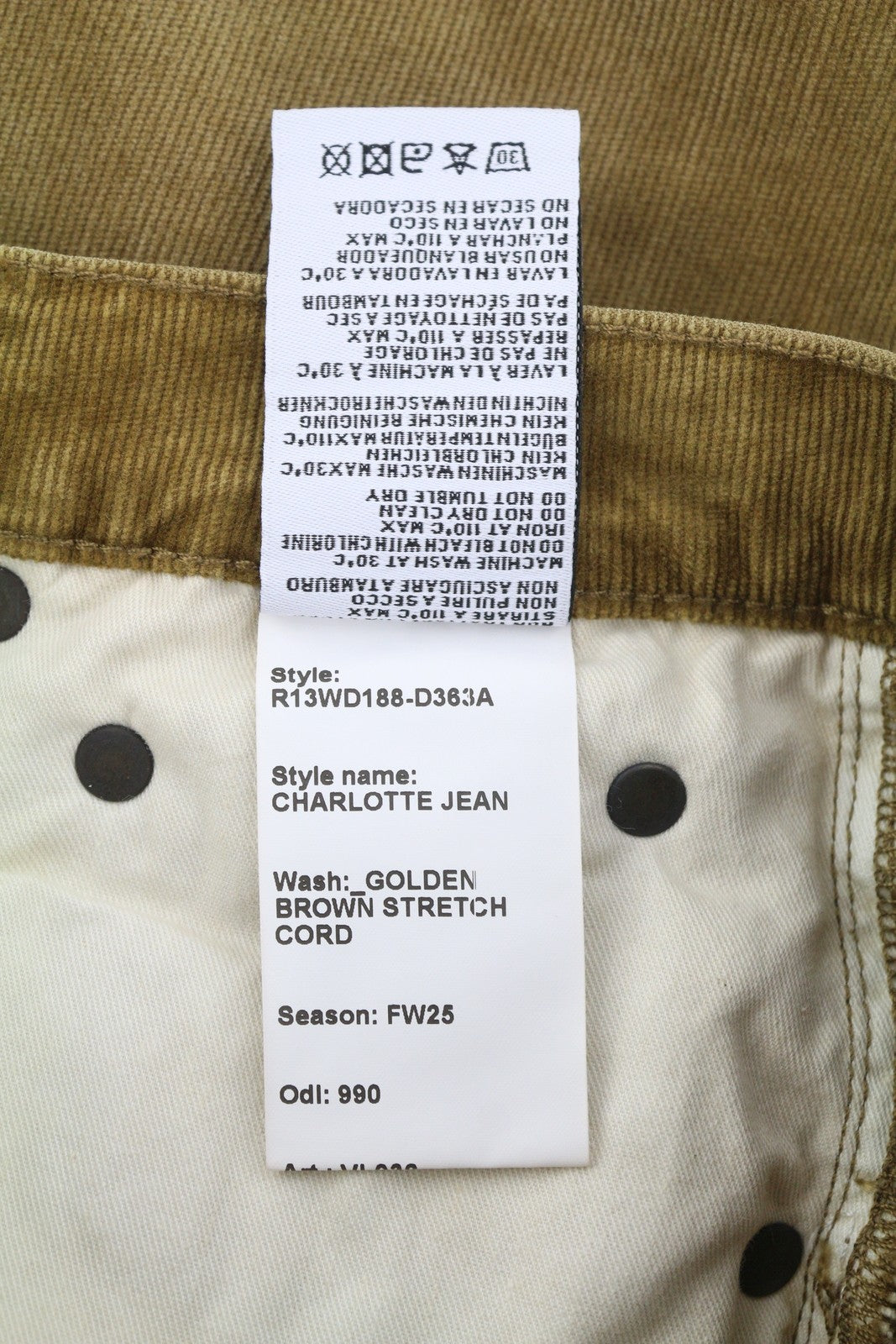 R13 Charlotte Women Trousers 24 Golden Brown Stretch Cord Flared FW25 RRP599