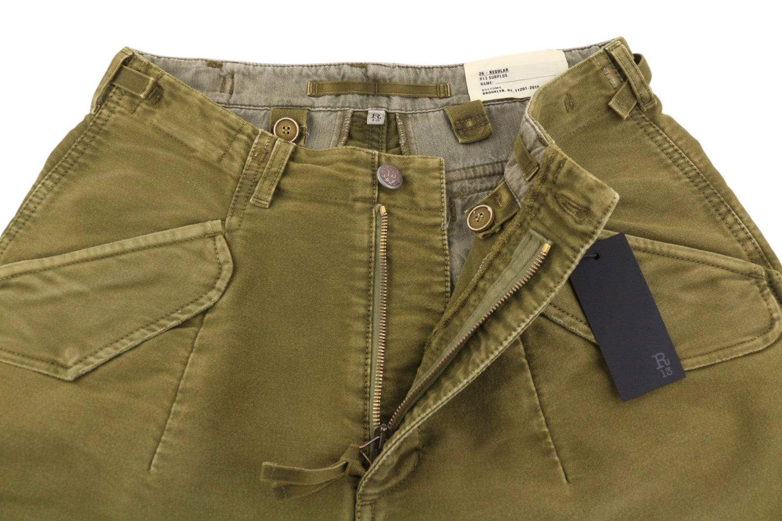 R13 Ankle Military Women Trousers 26 Olive Garment Dyed Cargo Logo FW25 RRP1199