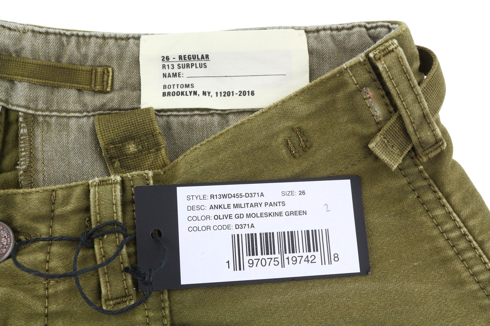 R13 Ankle Military Women Trousers 26 Olive Garment Dyed Cargo Logo FW25 RRP1199