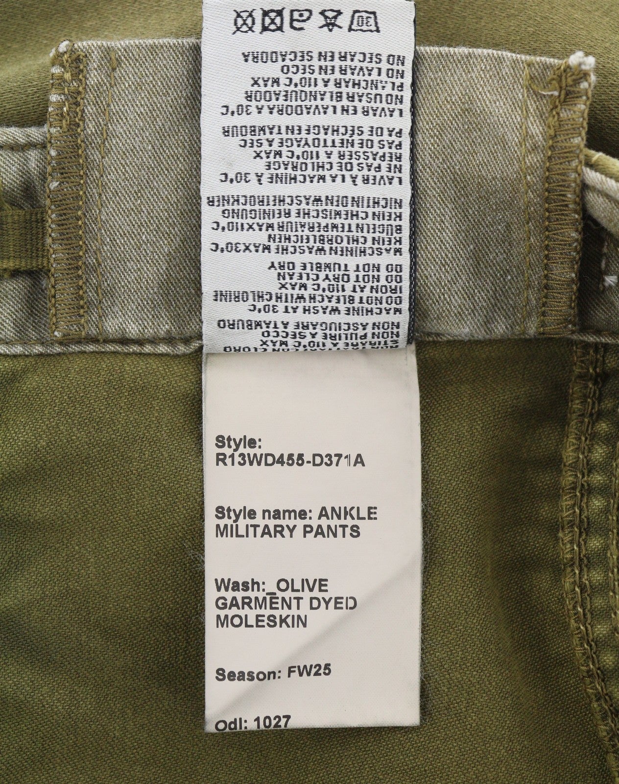 R13 Ankle Military Women Trousers 26 Olive Garment Dyed Cargo Logo FW25 RRP1199