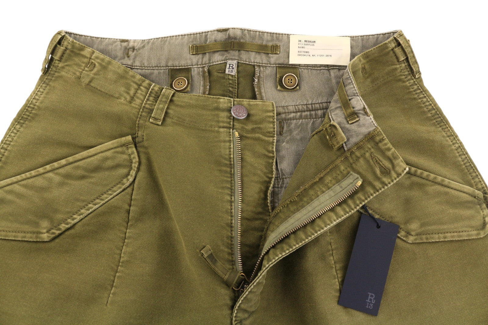 R13 Ankle Military Women Trousers 30 Olive Garment Dyed Cargo Zip FW25 RRP1199