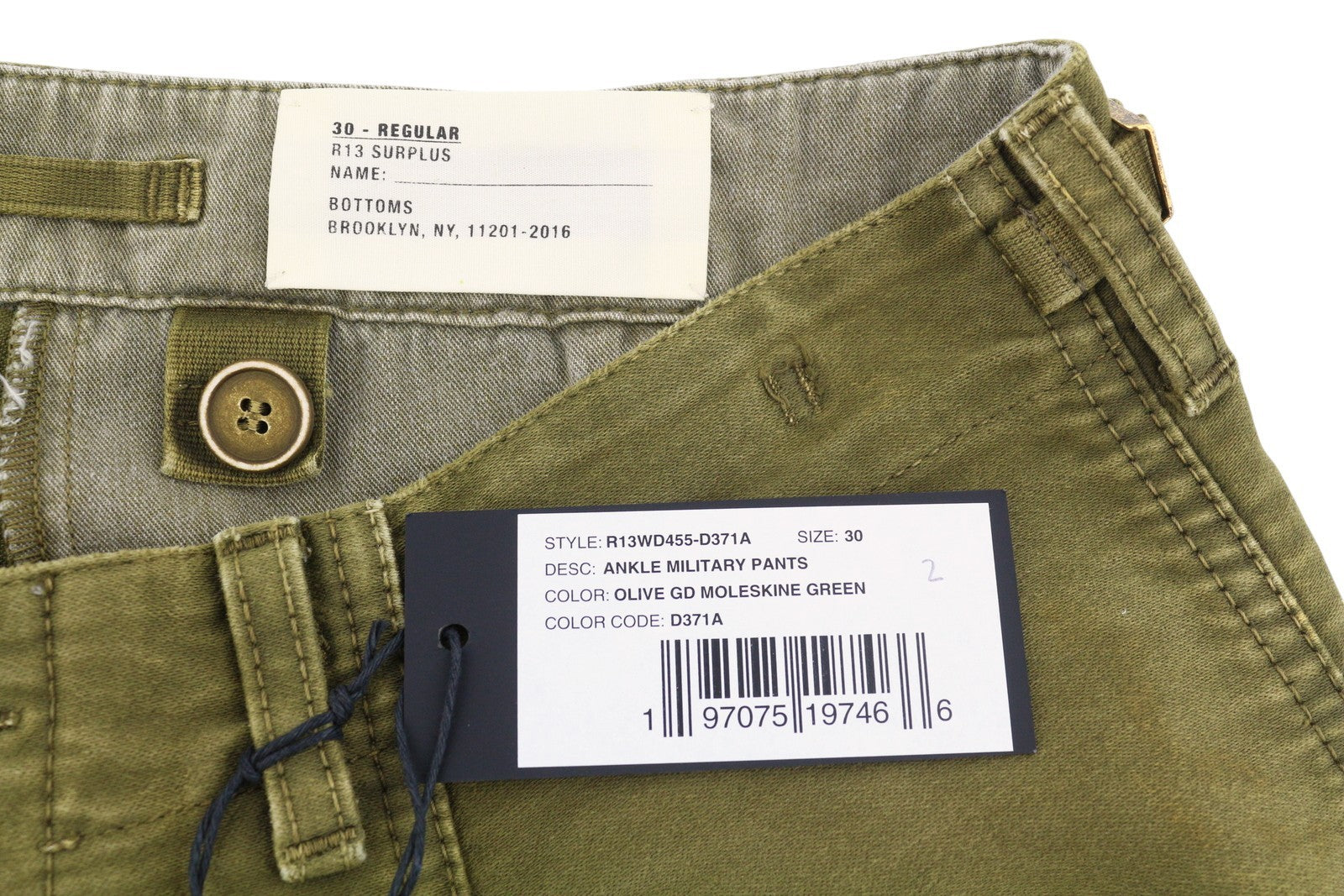 R13 Ankle Military Women Trousers 30 Olive Garment Dyed Cargo Zip FW25 RRP1199