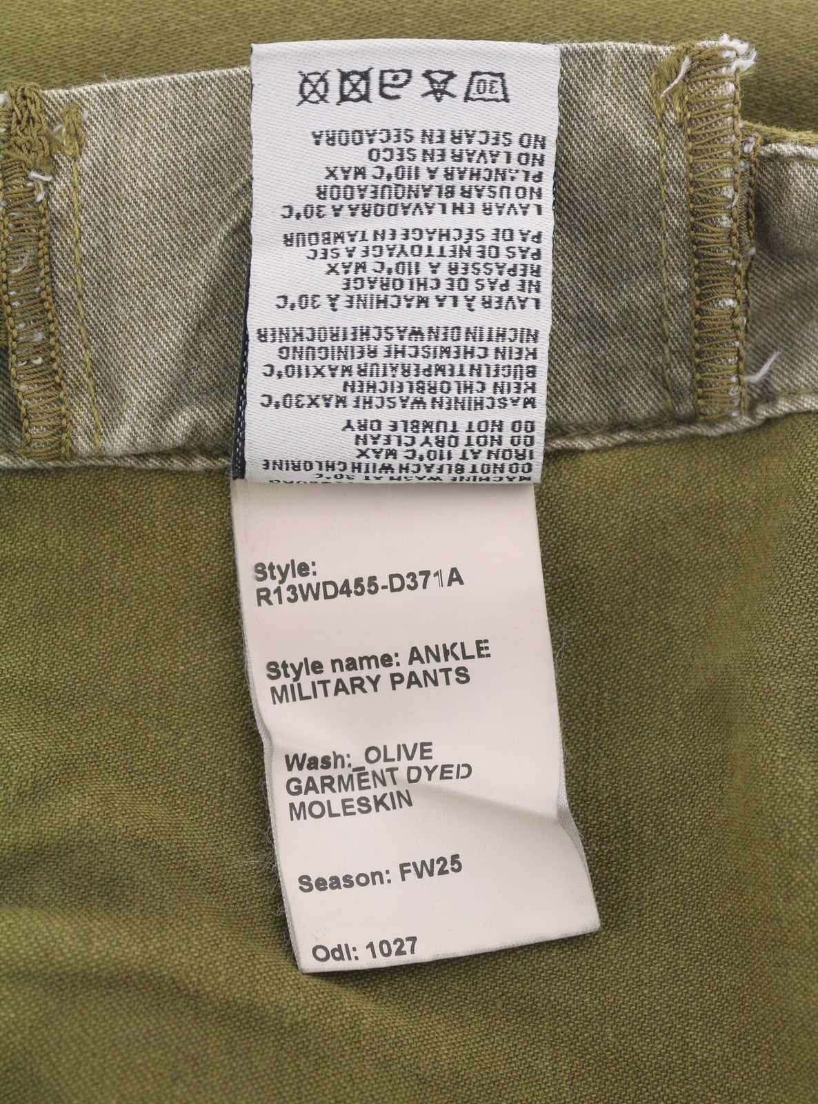 R13 Ankle Military Women Trousers 30 Olive Garment Dyed Cargo Zip FW25 RRP1199