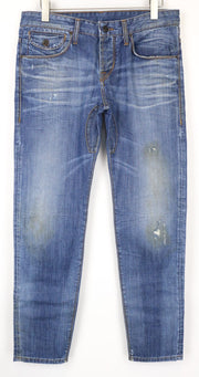 TAKESHY KUROSAWA Men's W34 Slim Fit Blue Pure Cotton Jeans Washed Aged Effect