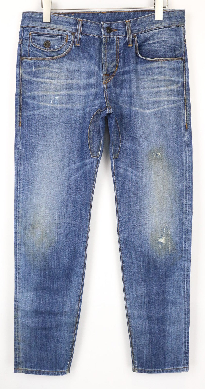 TAKESHY KUROSAWA Men's W34 Slim Fit Blue Pure Cotton Jeans Washed Aged Effect