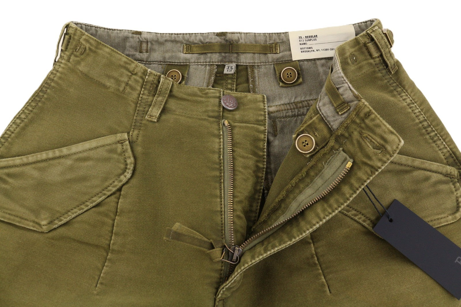 R13 Ankle Military Women Trousers 25 Olive Garment Dyed Cargo Logo FW25 RRP1199