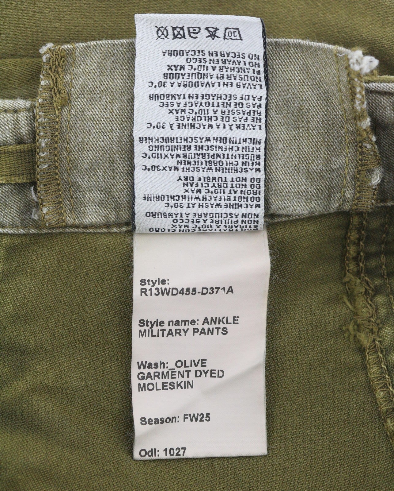 R13 Ankle Military Women Trousers 25 Olive Garment Dyed Cargo Logo FW25 RRP1199