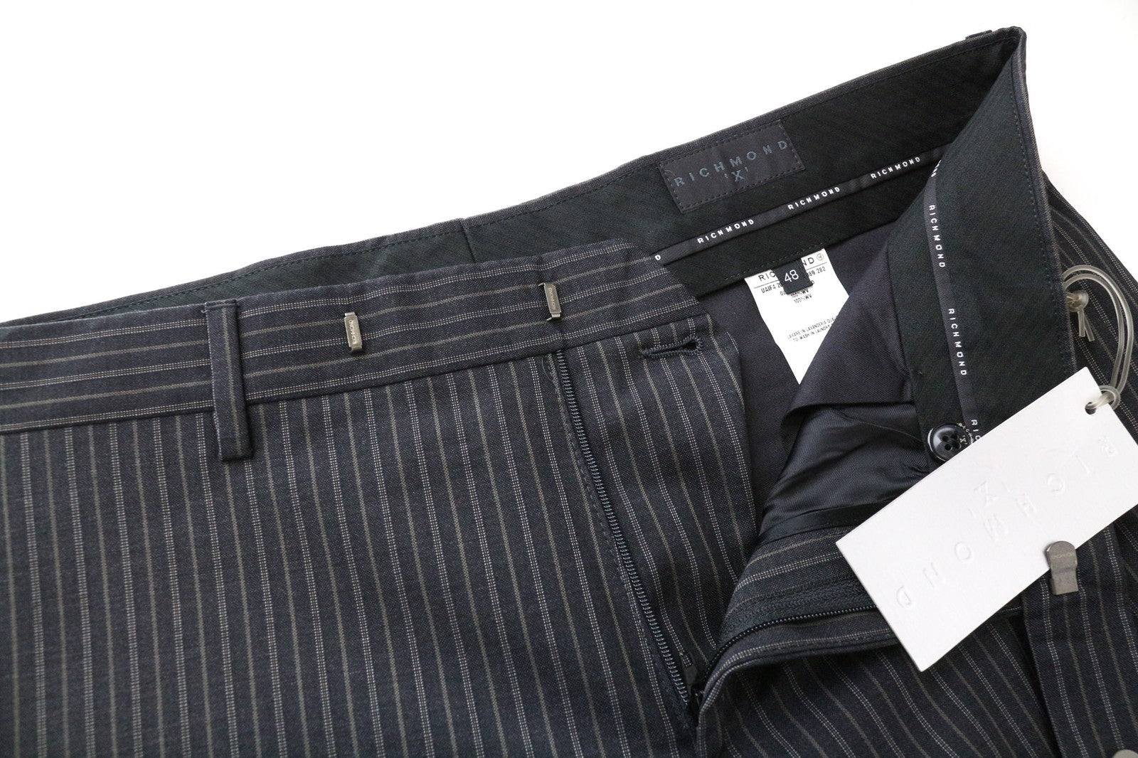 RICHMOND Men's Trousers 48 Dark Grey Pure Wool Stripe Pattern Tailored Pants