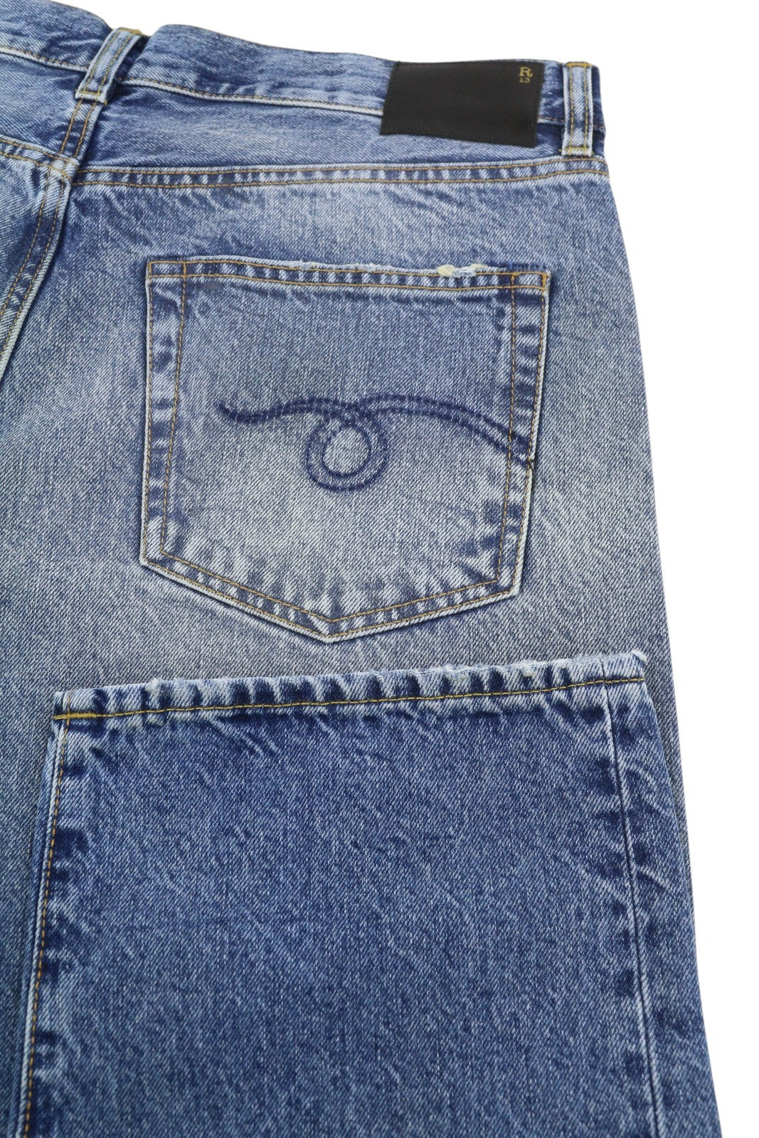 R13 Boyfriend Women Jeans 30 Jasper Straight Fit Whiskers Faded Ankle Blue PF25