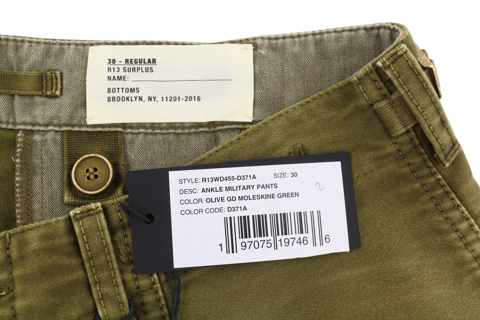 R13 Ankle Military Women Trousers 30 Olive Garment Dyed Moleskin FW25 RRP1199