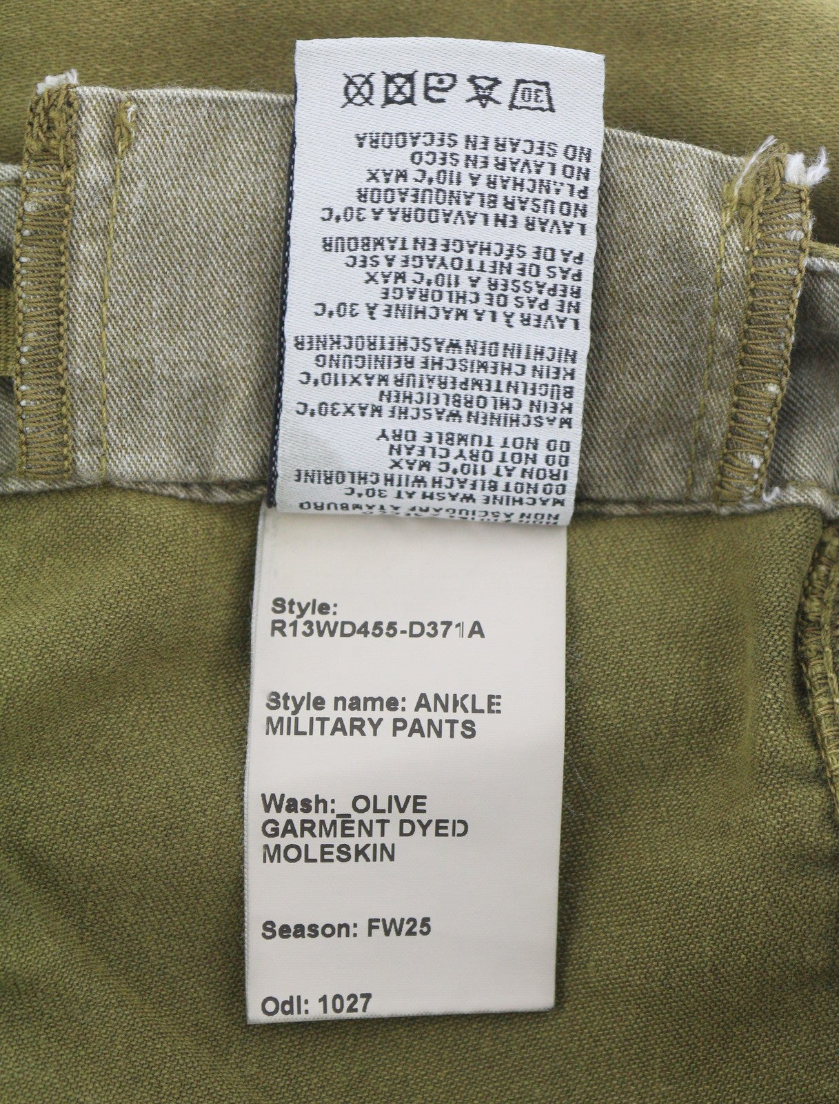 R13 Ankle Military Women Trousers 30 Olive Garment Dyed Moleskin FW25 RRP1199