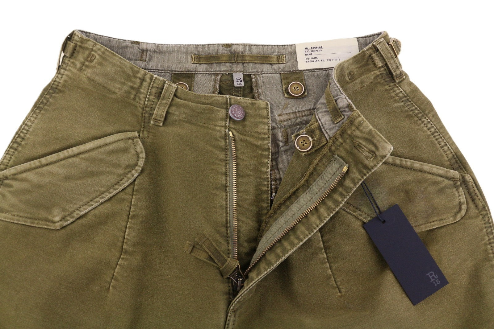 R13 Ankle Military Women Trousers 26 Olive Garment Dyed Cargo Zip FW25 RRP1199