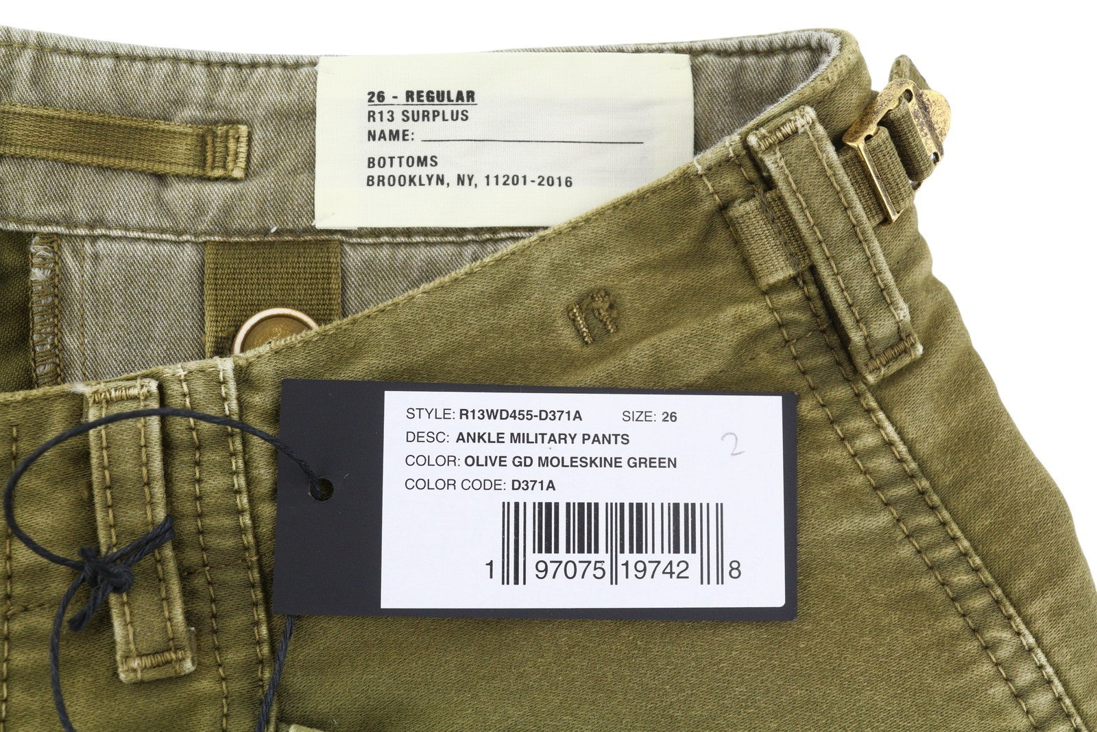 R13 Ankle Military Women Trousers 26 Olive Garment Dyed Cargo Zip FW25 RRP1199