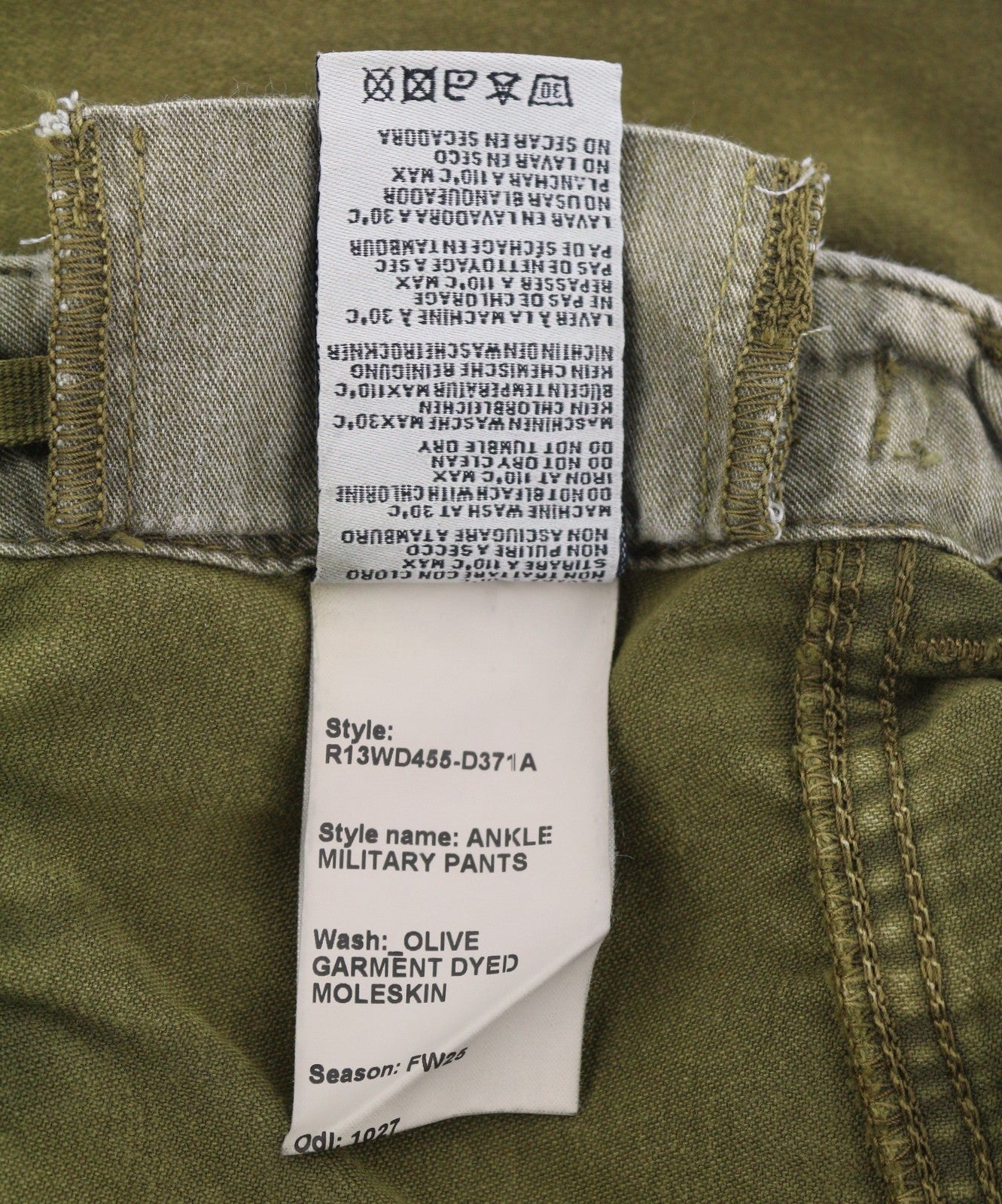 R13 Ankle Military Women Trousers 26 Olive Garment Dyed Cargo Zip FW25 RRP1199