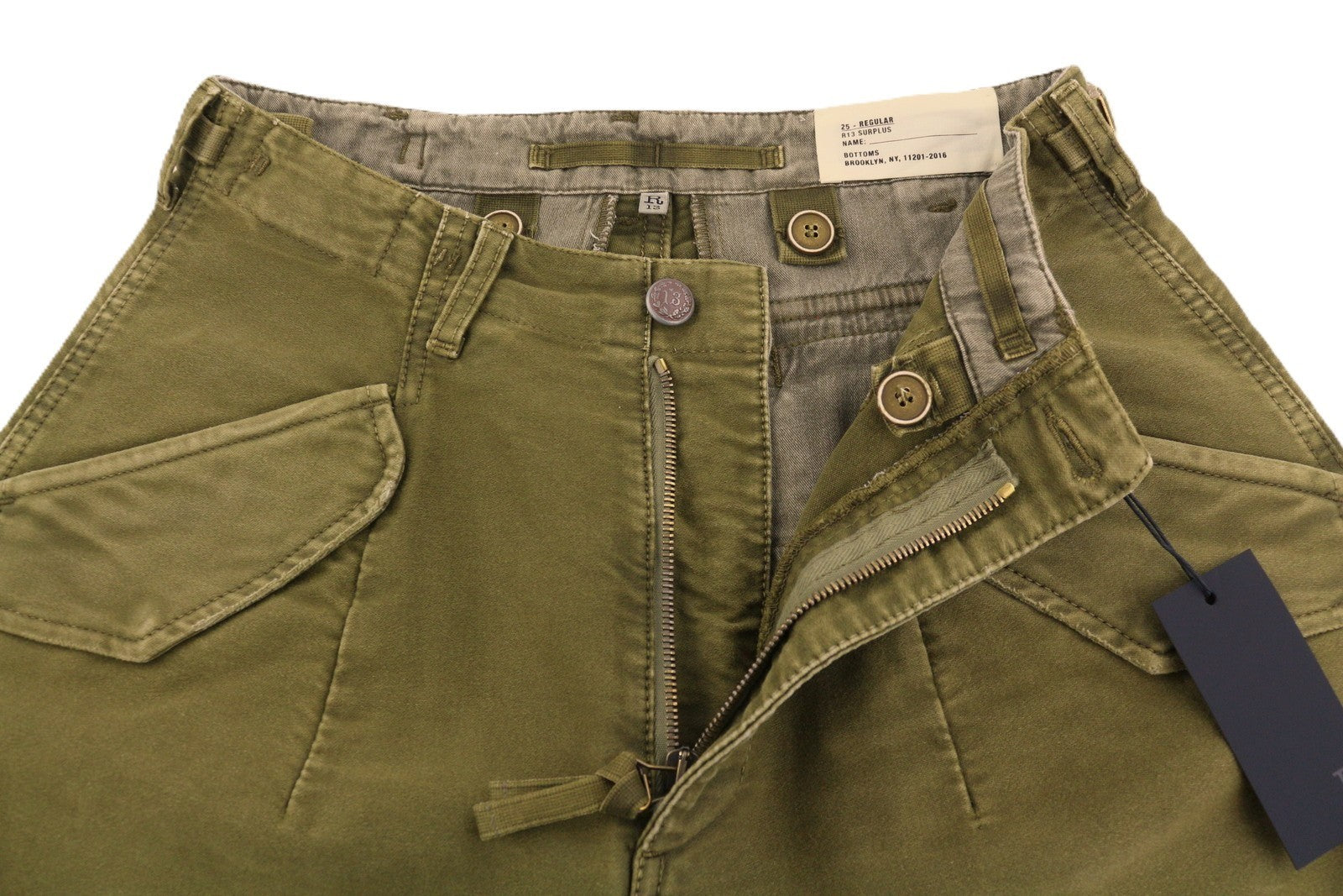 R13 Ankle Military Women Trousers 25 Olive Garment Dyed Cargo Zip FW25 RRP1199