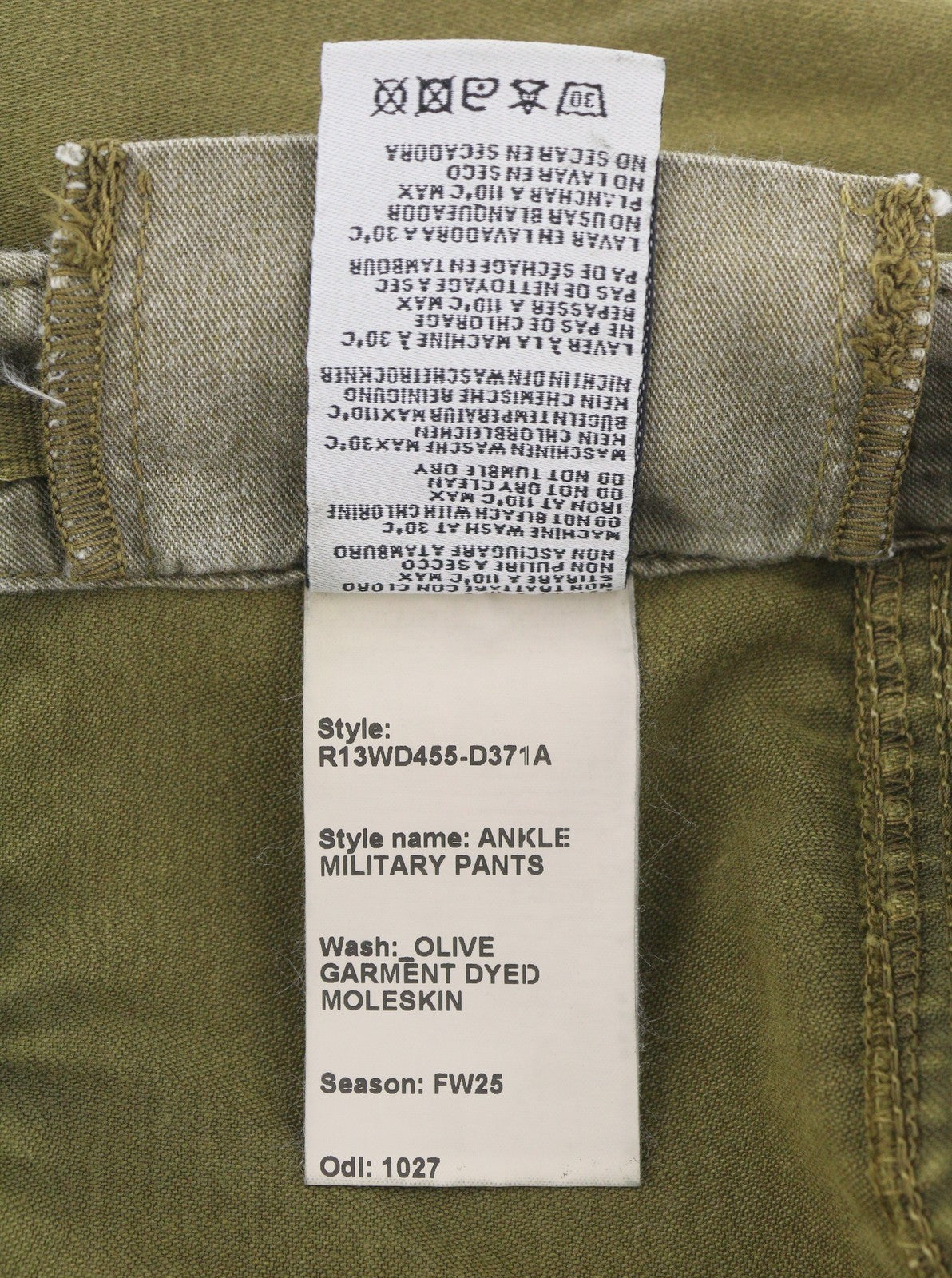R13 Ankle Military Women Trousers 25 Olive Garment Dyed Cargo Zip FW25 RRP1199