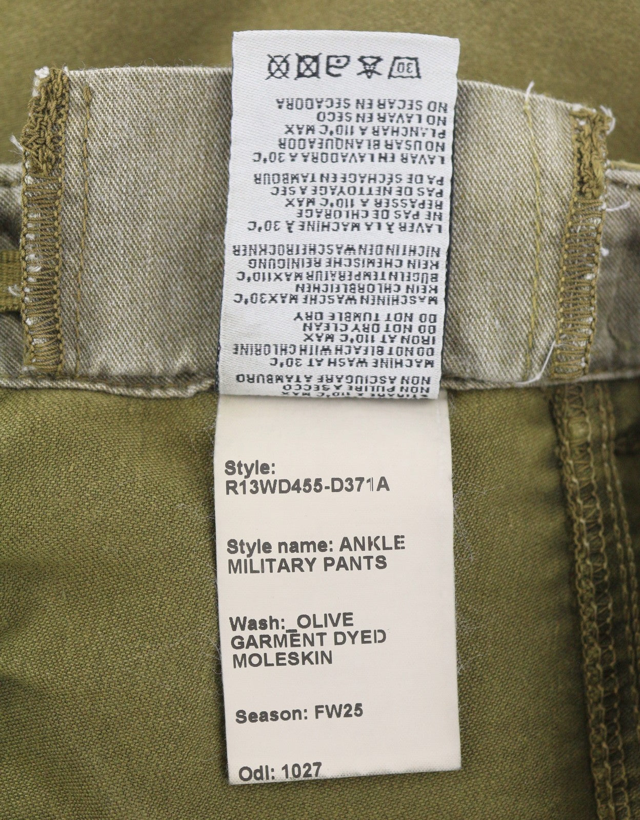 R13 Ankle Military Women Trousers 25 Olive Garment Dyed Moleskin FW25 RRP1199
