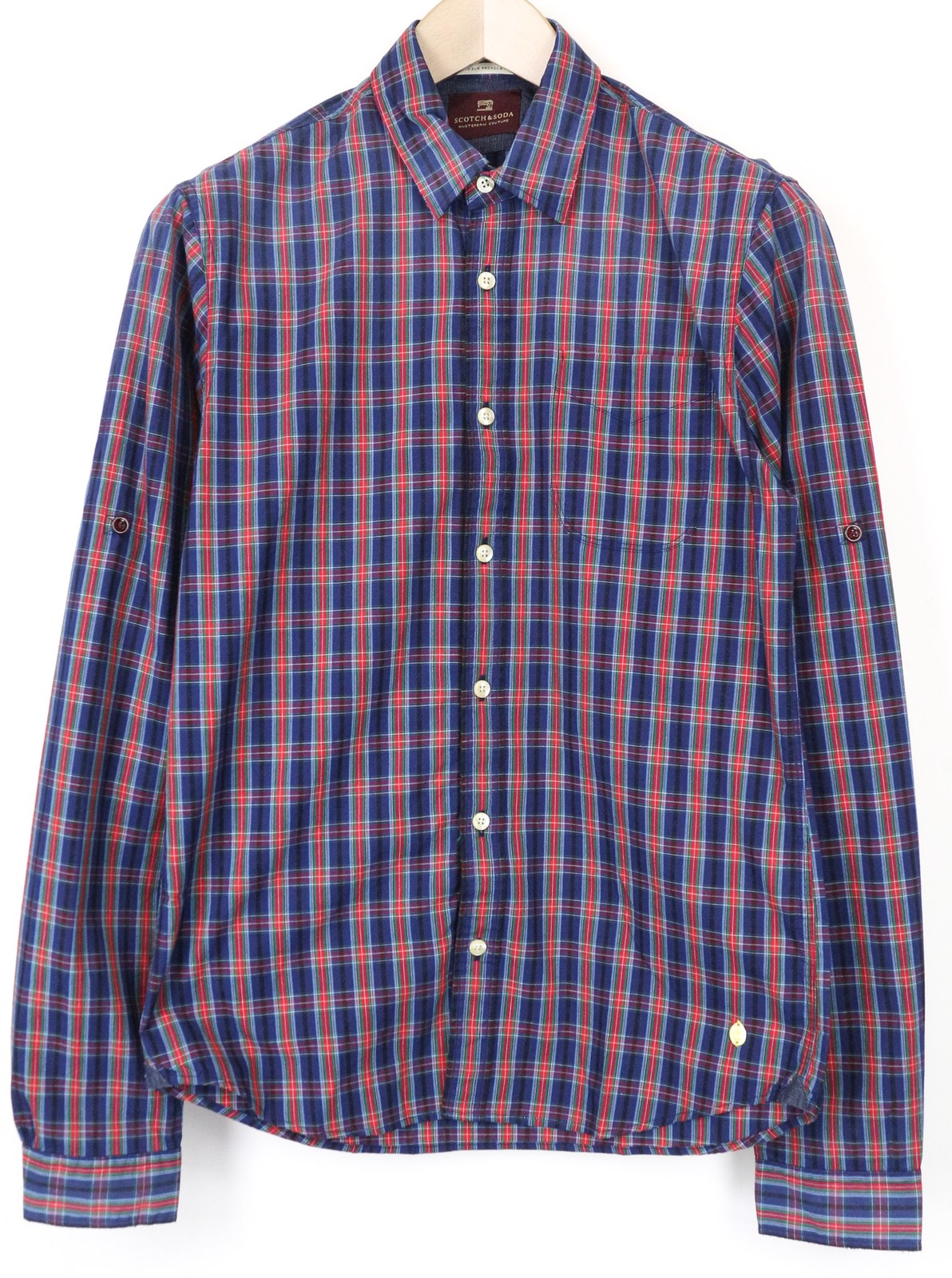 SCOTCH & SODA Men's Shirt S Mid Blue Plaid Checked Cotton Button-Up Casual