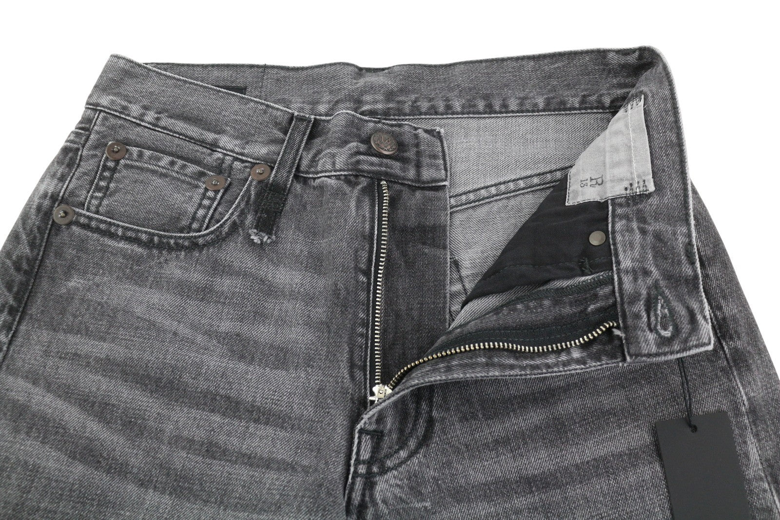 R13 Boyfriend Women Jeans 23 Wilson Black Whiskers Faded Denim Cropped Zip PS25