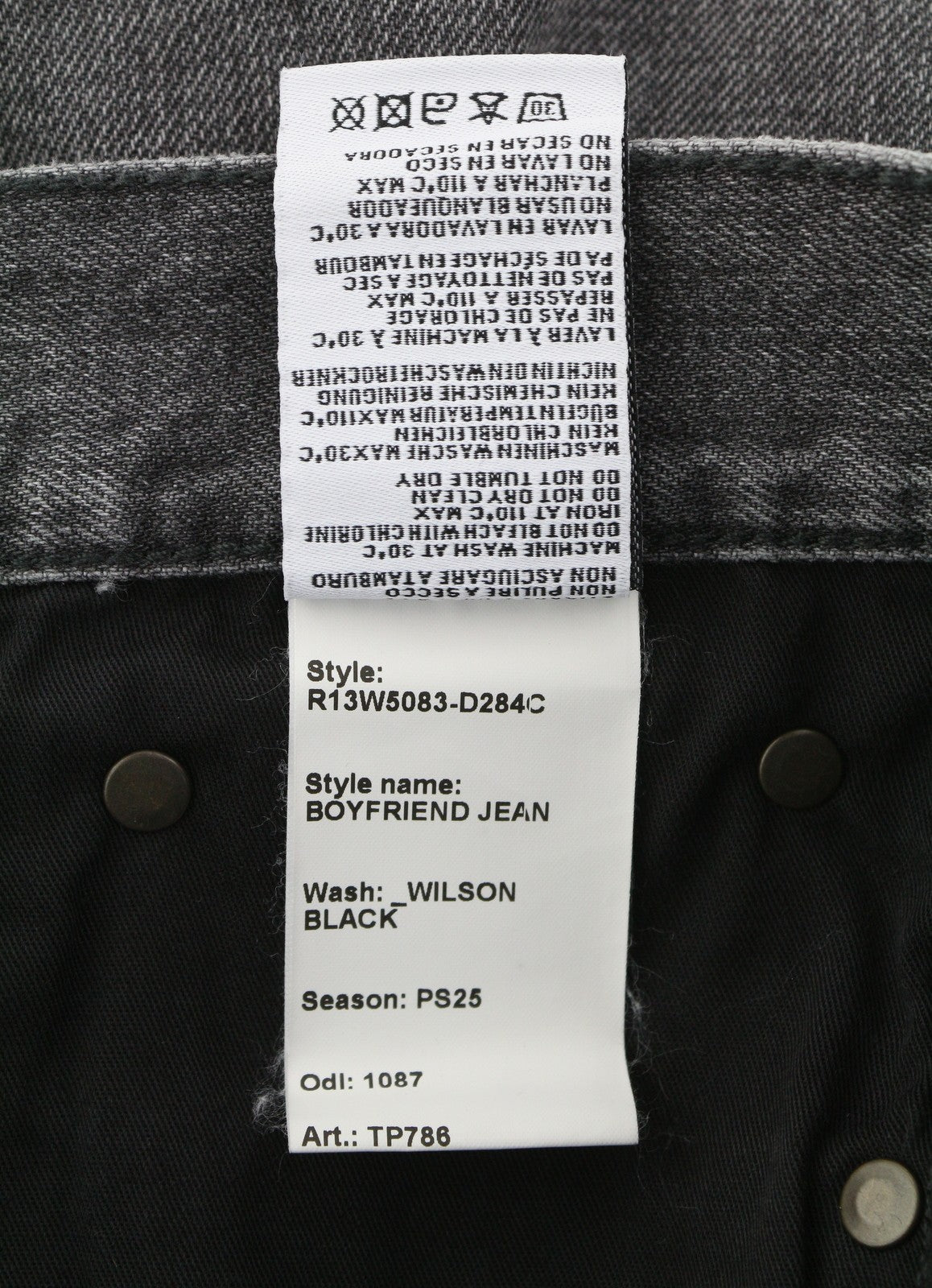 R13 Boyfriend Women Jeans 23 Wilson Black Whiskers Faded Denim Cropped Zip PS25