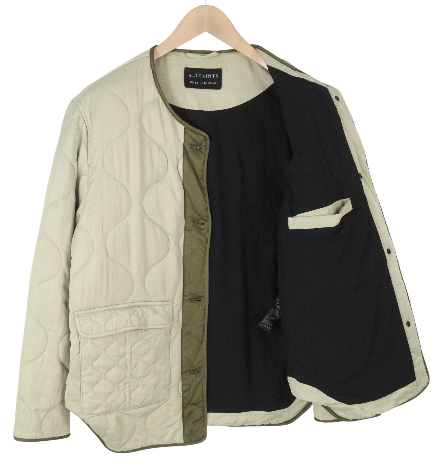 ALLSAINTS Foxi Liner Women Jacket EU42 Green Button-Up Quilted Crew Neck Pockets