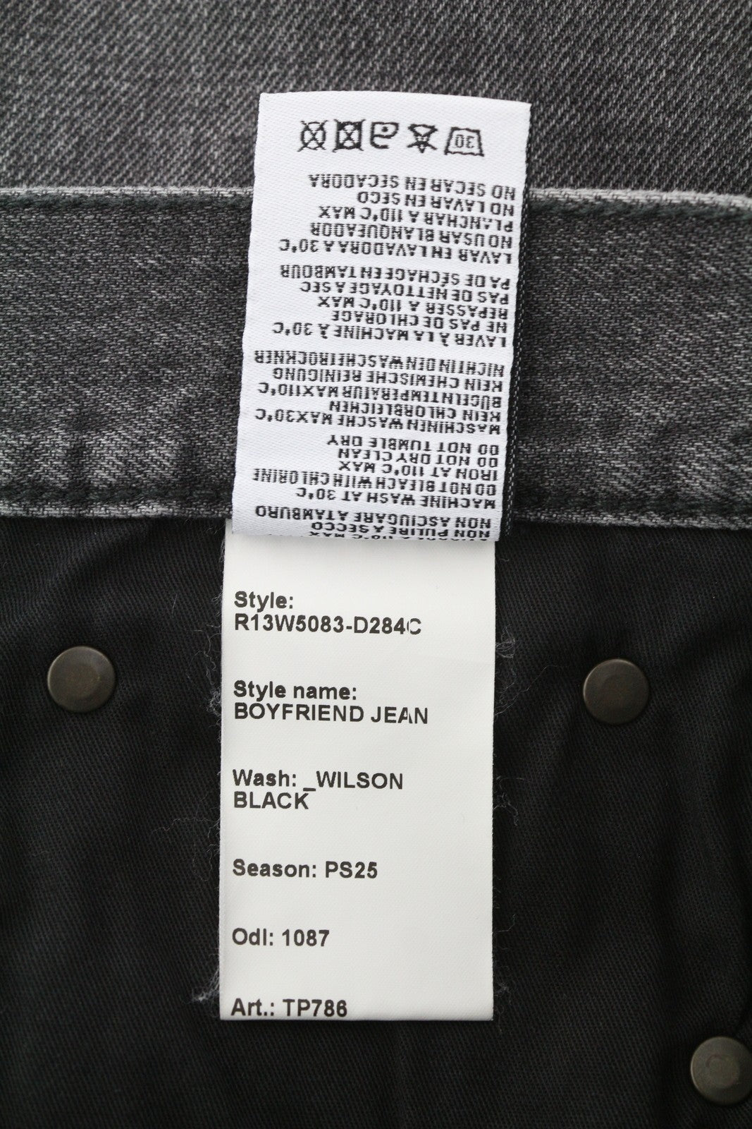 R13 Boyfriend Women Jeans 27 Wilson Black Whiskers Faded Cropped Ankle PS25