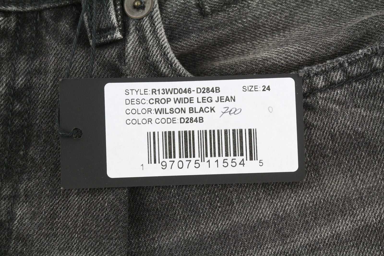 R13 Crop Wide Leg Women Jeans 24 Wilson Black Distress Cropped Zip PS25 RRP699