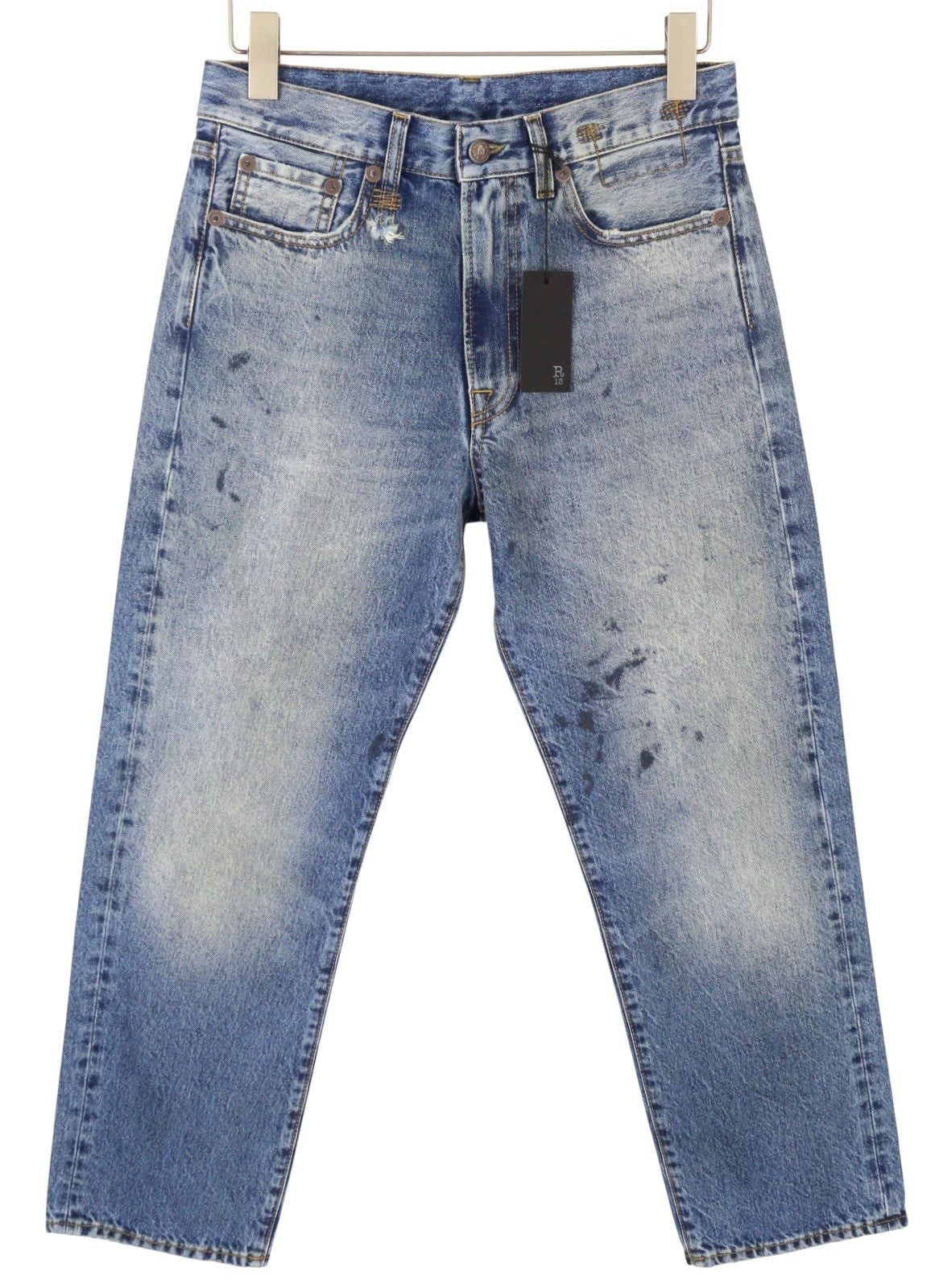 R13 Boyfriend Women Jeans 25 Jasper Whiskers Faded Cropped Zip Blue Denim PF25