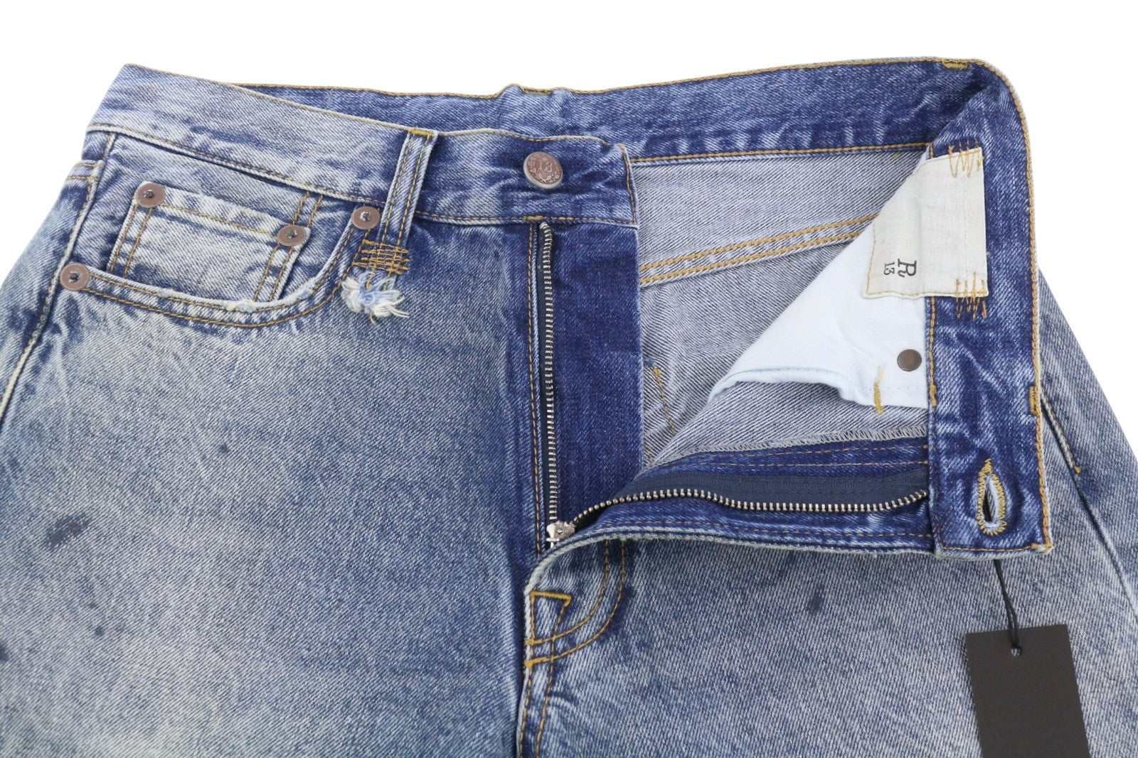 R13 Boyfriend Women Jeans 25 Jasper Whiskers Faded Cropped Zip Blue Denim PF25